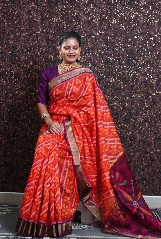 Red-Wine Color Super Beautiful Ikkat Patola Digital Print Saree With Golden Border