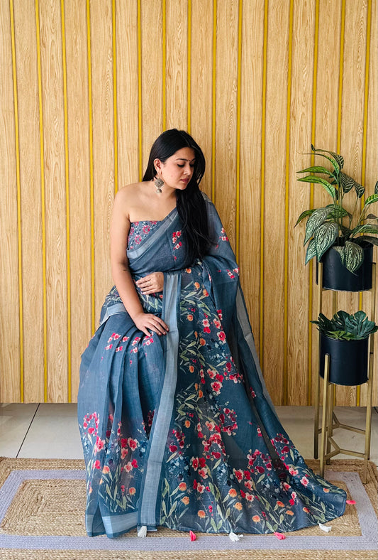 Dark Gray Color Premium Quality Beautiful Soft Linen Cotton Digital Print Saree