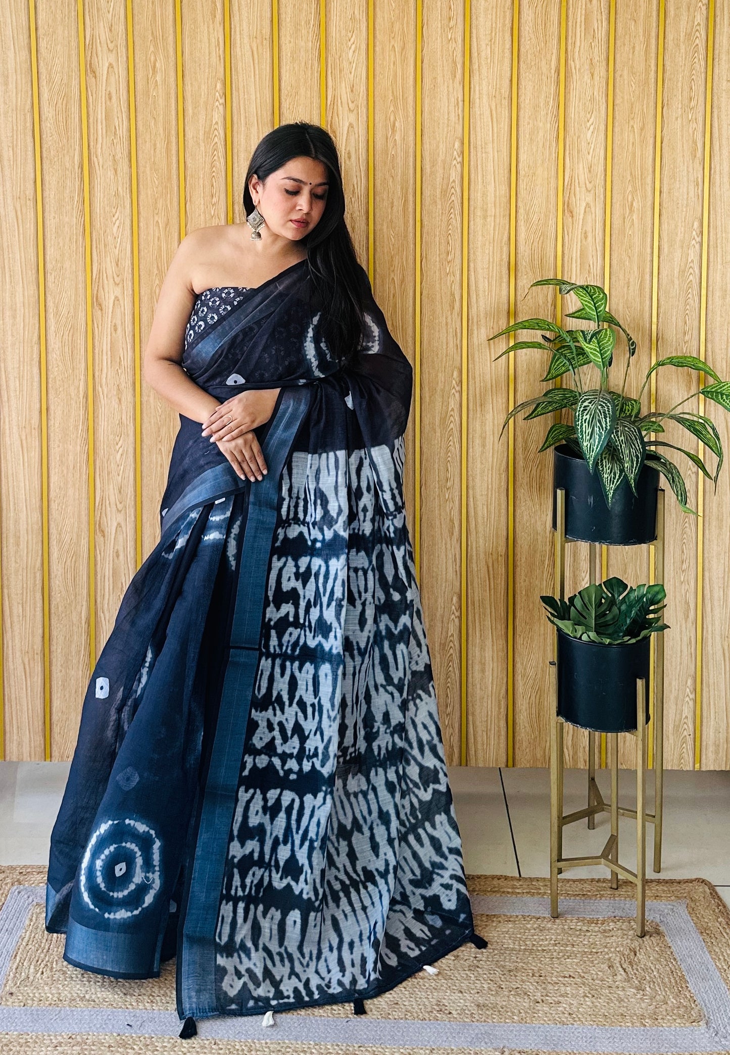 White-Black Color Soft Linen Cotton Digital Print Saree Very Premium And Rich Quality