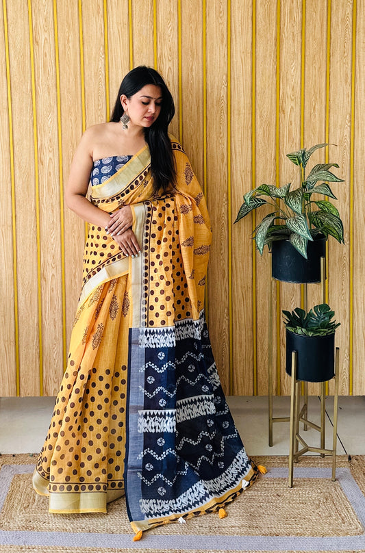 Yellow-Blue Color Soft Linen Cotton Digital Print Saree Very Premium And Rich Quality