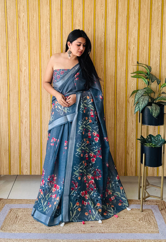 Dark Gray Color Premium Quality Beautiful Soft Linen Cotton Digital Print Saree