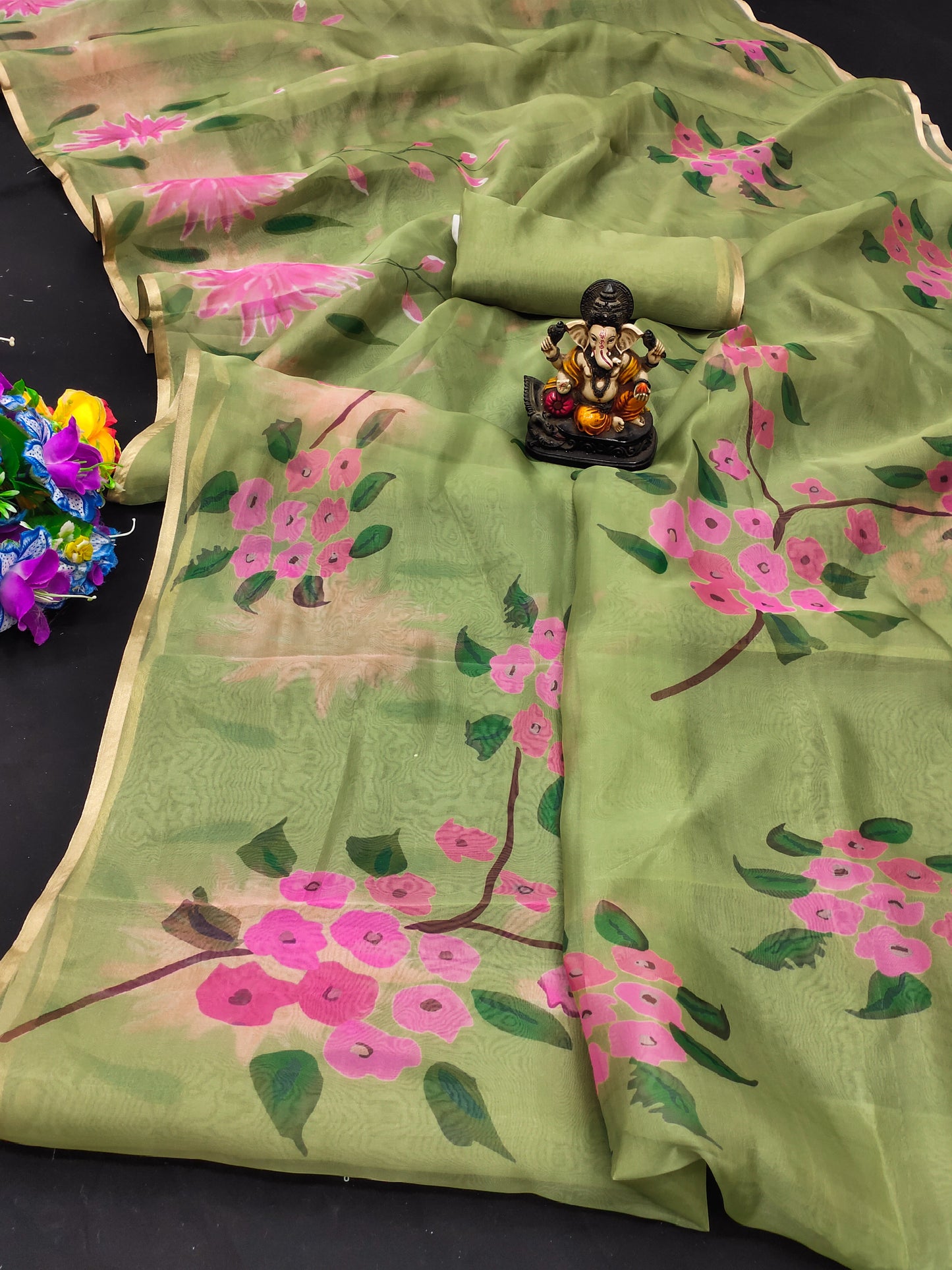 Green Color Traditional And Classic With Best Quality Organza Digital Print