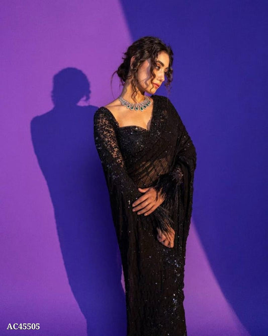 pure Net sequins Embroidery C Pallu Work with fancy Cutwork in border black to black work (with fancy blouse)