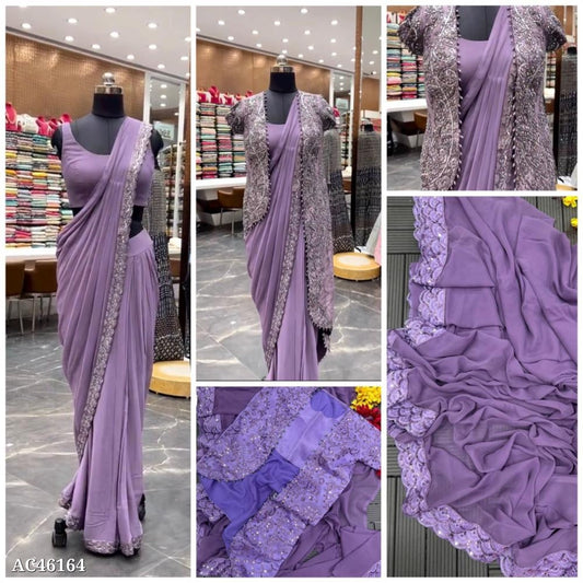 Saree+fancy koti , pure Georgette Embroidery cording work Full stitching jacket &saree