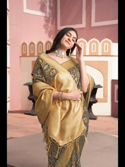 भूरे रंग की इक्कत कॉटन इक्कत सिल्क साड़ी ज़री से बुनी हुई