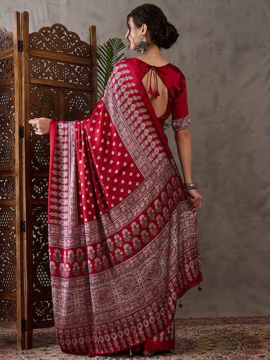 Rana Pure Semi Modal Silk Floral Printed red Saree