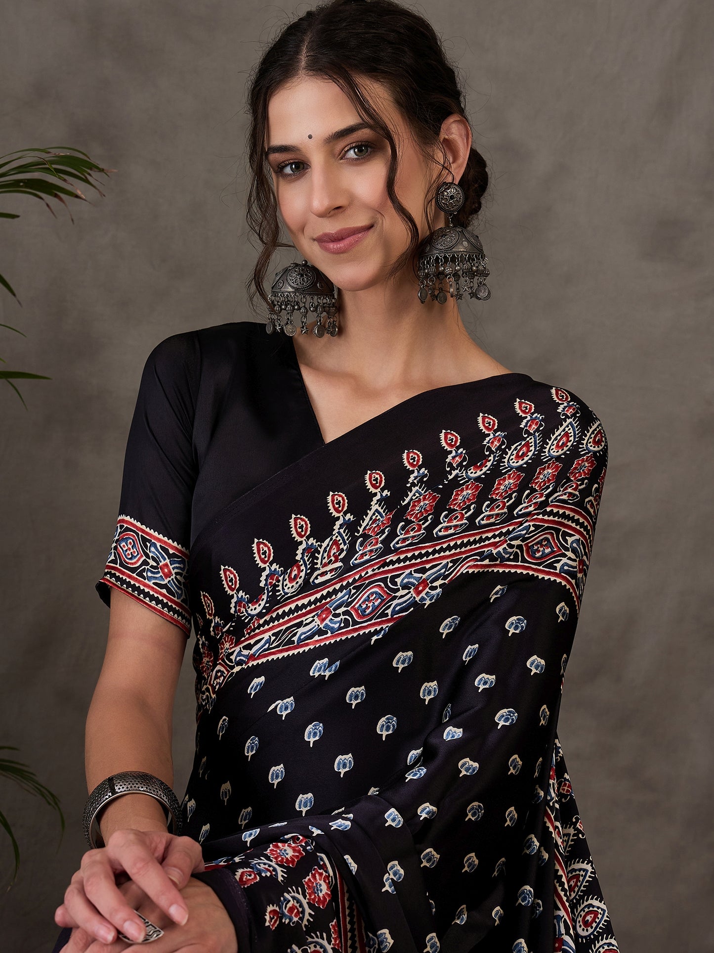 Rana Pure Semi Modal Silk Floral Printed Black Saree