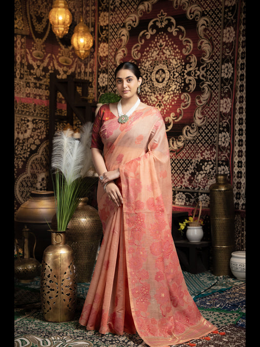 पीच रंग जामदानी सॉफ्ट कॉटन साड़ी अनस्टिच्ड ब्लाउज के साथ