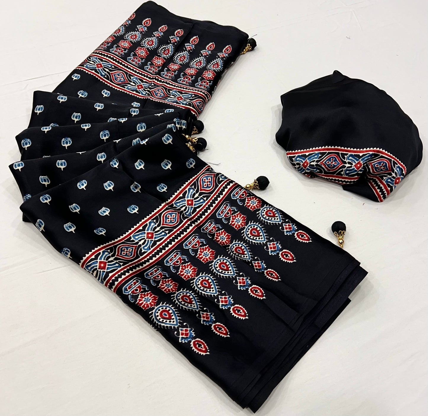 Rana Pure Semi Modal Silk Floral Printed Black Saree
