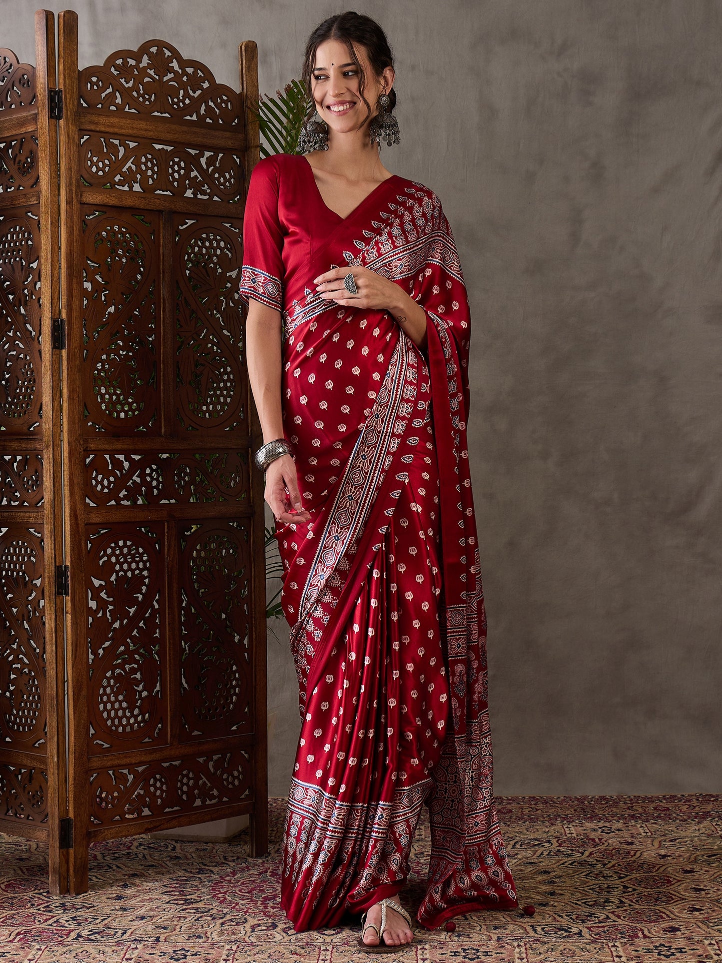 Rana Pure Semi Modal Silk Floral Printed red Saree