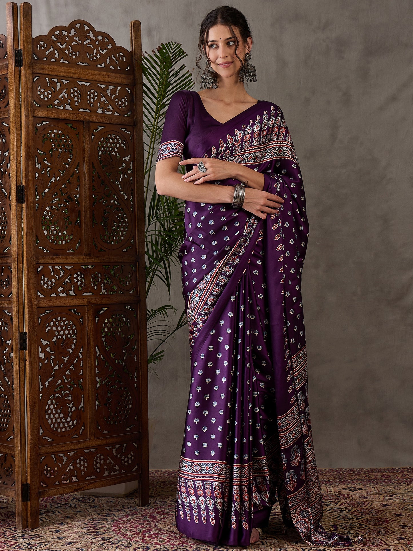 Rana Pure Semi Modal Silk Floral Printed Purpul Saree