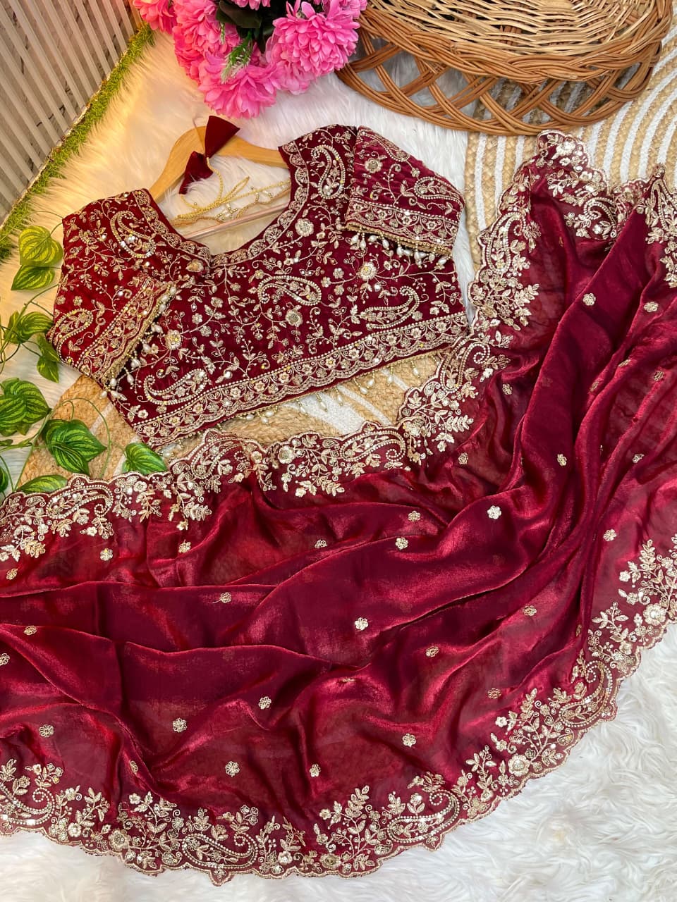 Very soft & elegant rich look fendy maroon sartin fabric with beautiful embroidery 3 mm sequence work heavy border with buttis in all over saree aarco