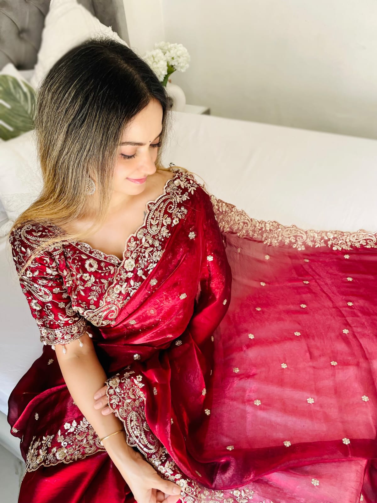 Very soft & elegant rich look fendy maroon sartin fabric with beautiful embroidery 3 mm sequence work heavy border with buttis in all over saree aarco