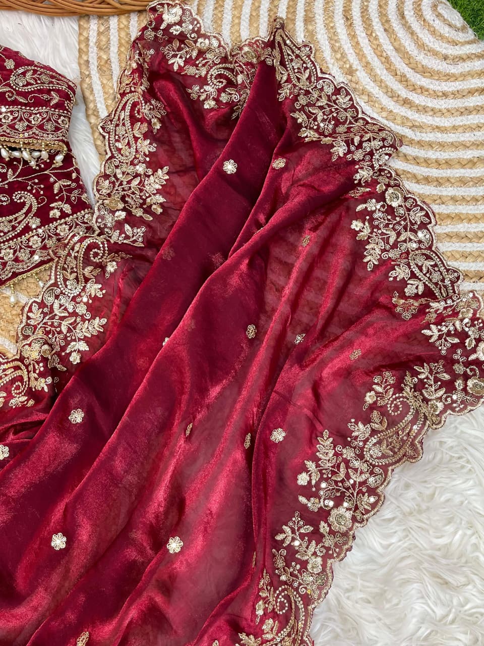 Very soft & elegant rich look fendy maroon sartin fabric with beautiful embroidery 3 mm sequence work heavy border with buttis in all over saree aarco