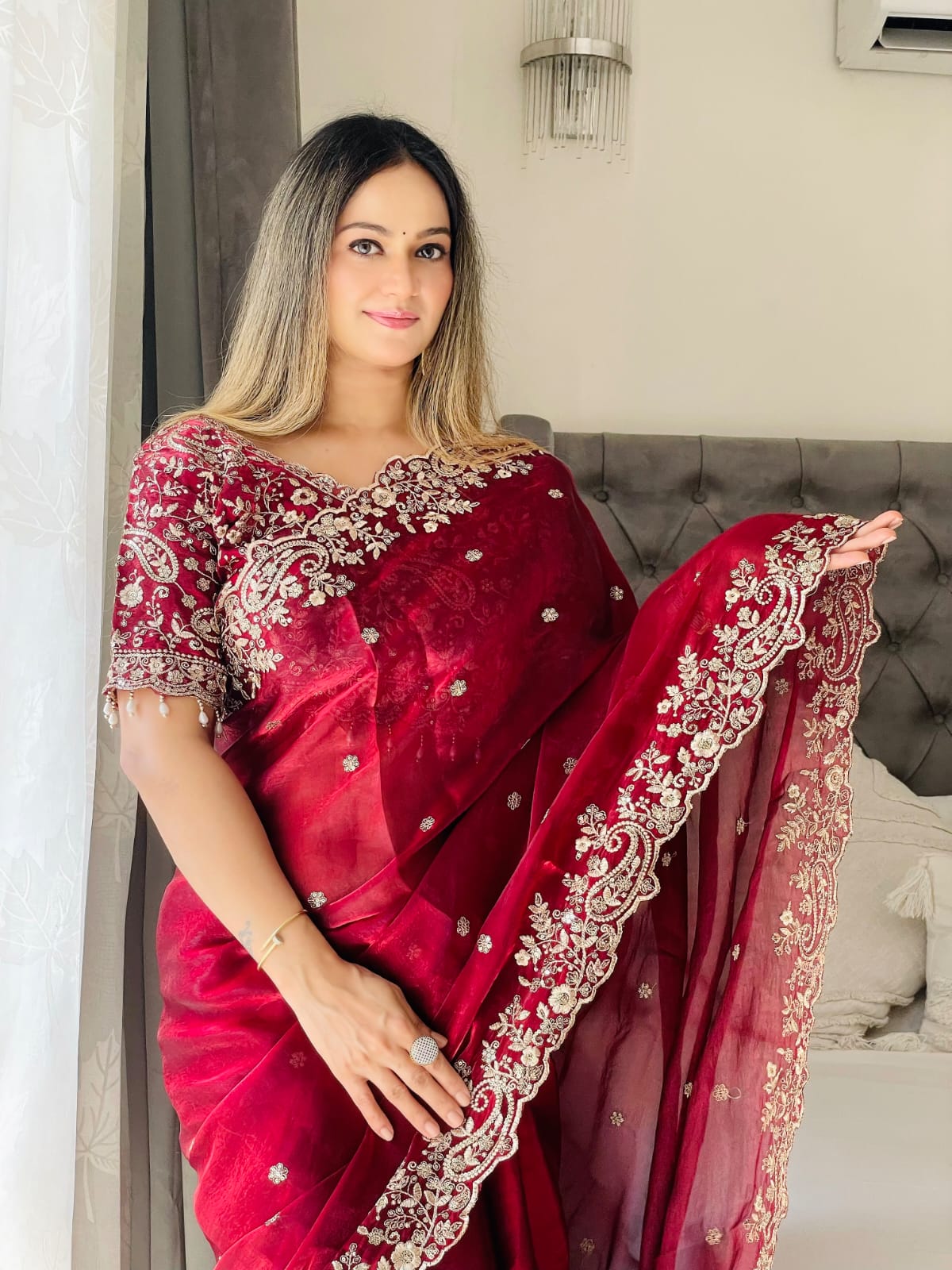 Very soft & elegant rich look fendy maroon sartin fabric with beautiful embroidery 3 mm sequence work heavy border with buttis in all over saree aarco