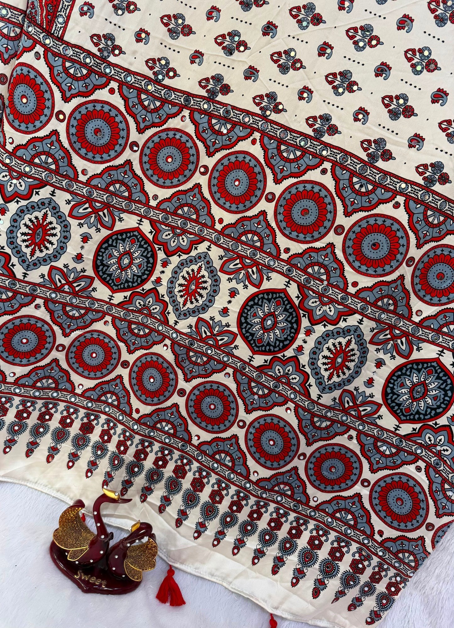 Accessible Cream Semi Silk Saree with Real Mirror and Pompom Pallu Design