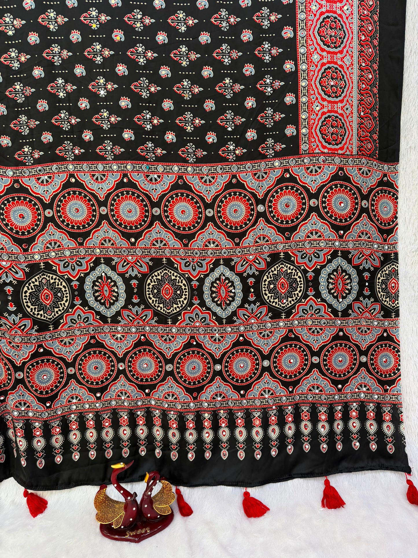 Accessible Cream Semi Silk Saree with Real Mirror and Pompom Pallu Design