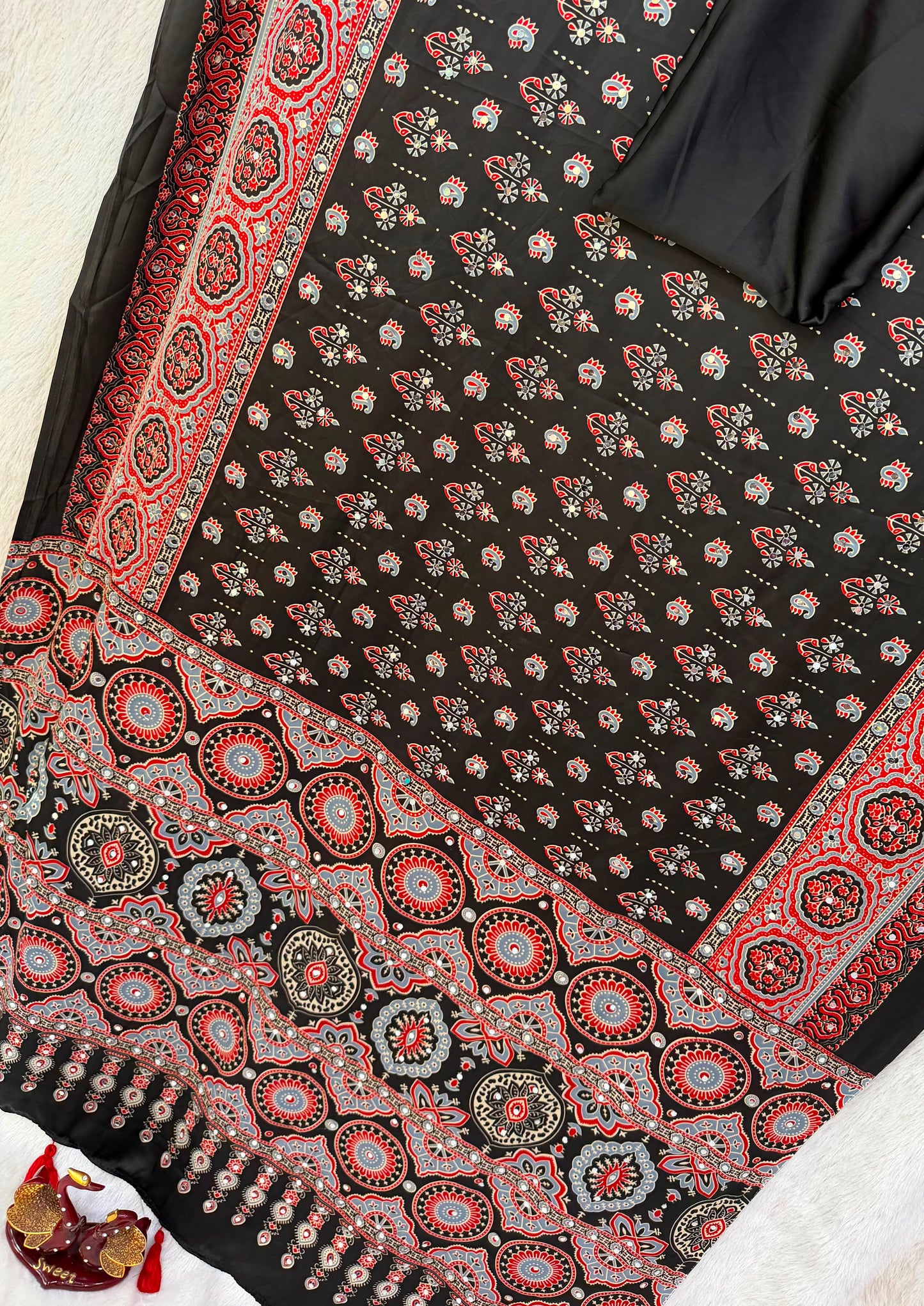Accessible Cream Semi Silk Saree with Real Mirror and Pompom Pallu Design