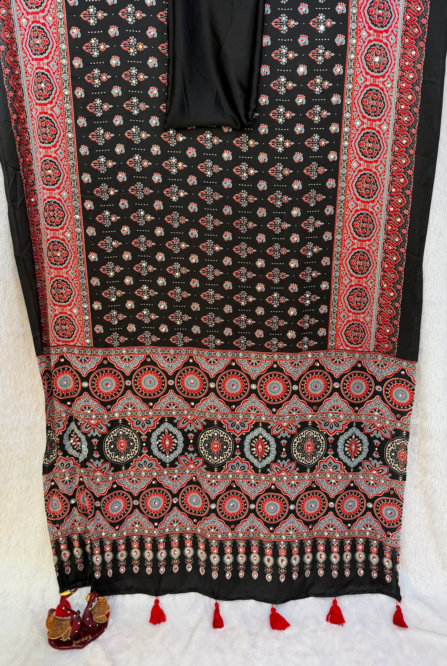 Accessible Cream Semi Silk Saree with Real Mirror and Pompom Pallu Design