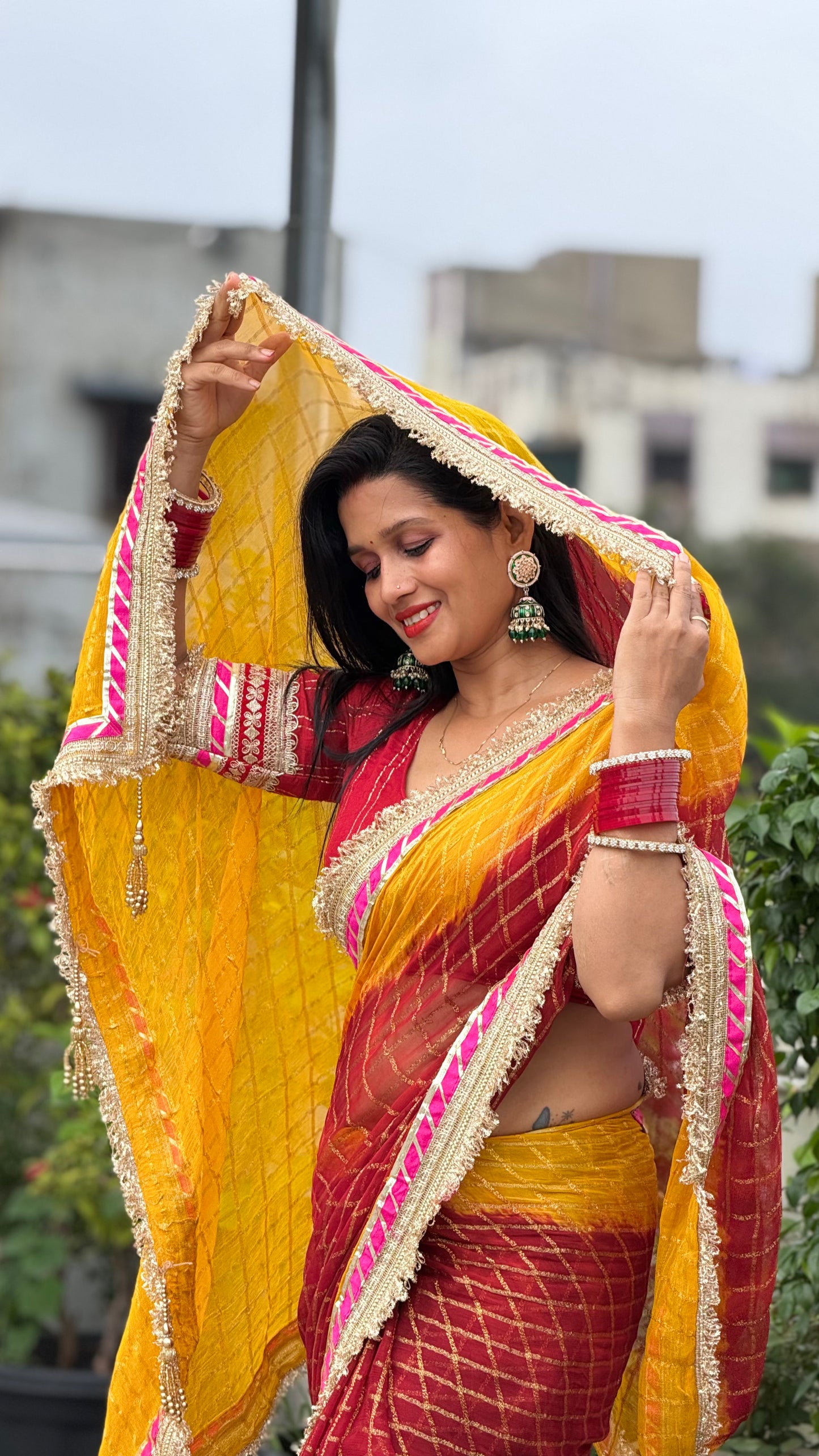 Pure Viscose Yellow - maroon Colour Ghatchola Saree