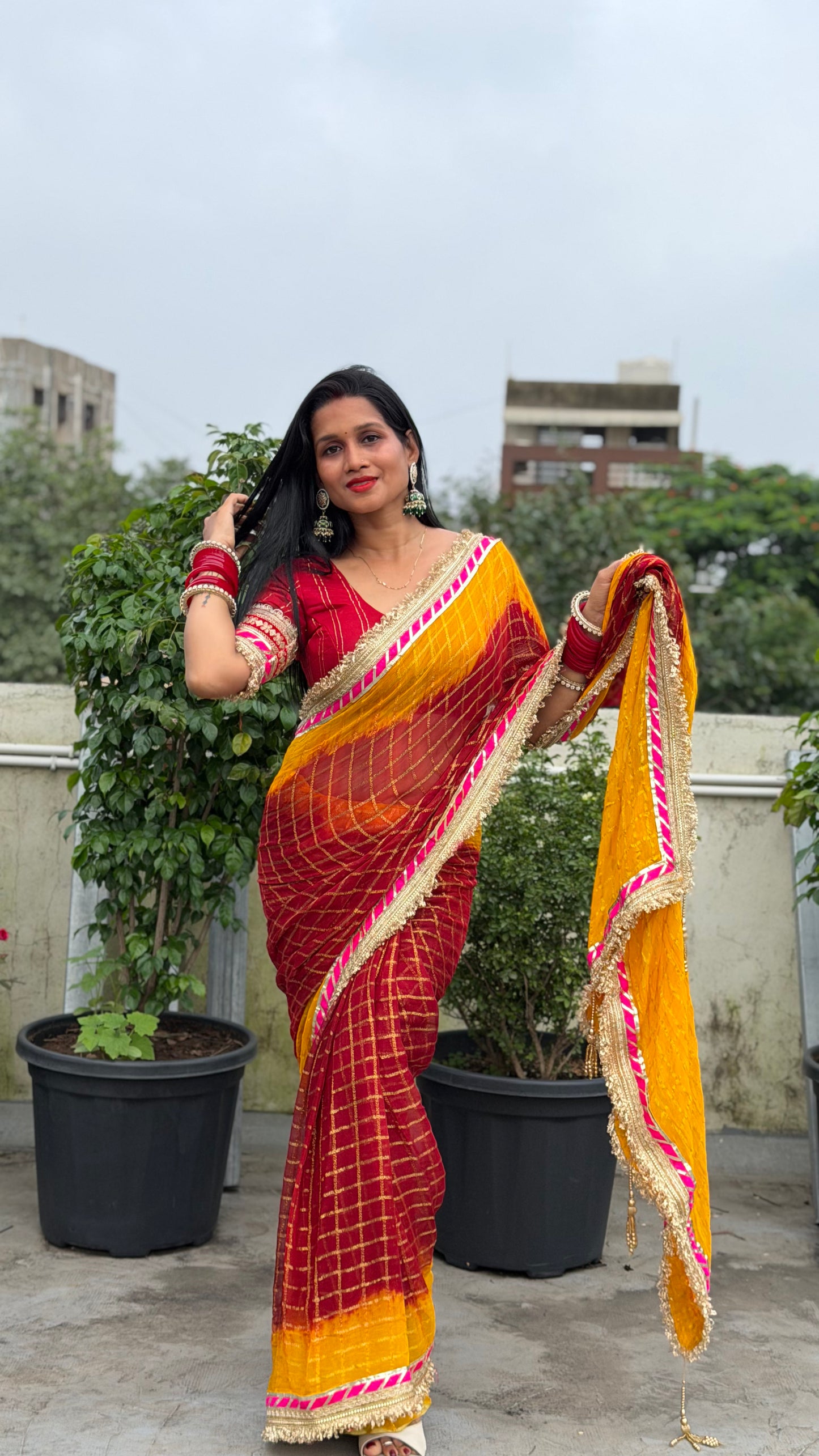 Pure Viscose Yellow - maroon Colour Ghatchola Saree
