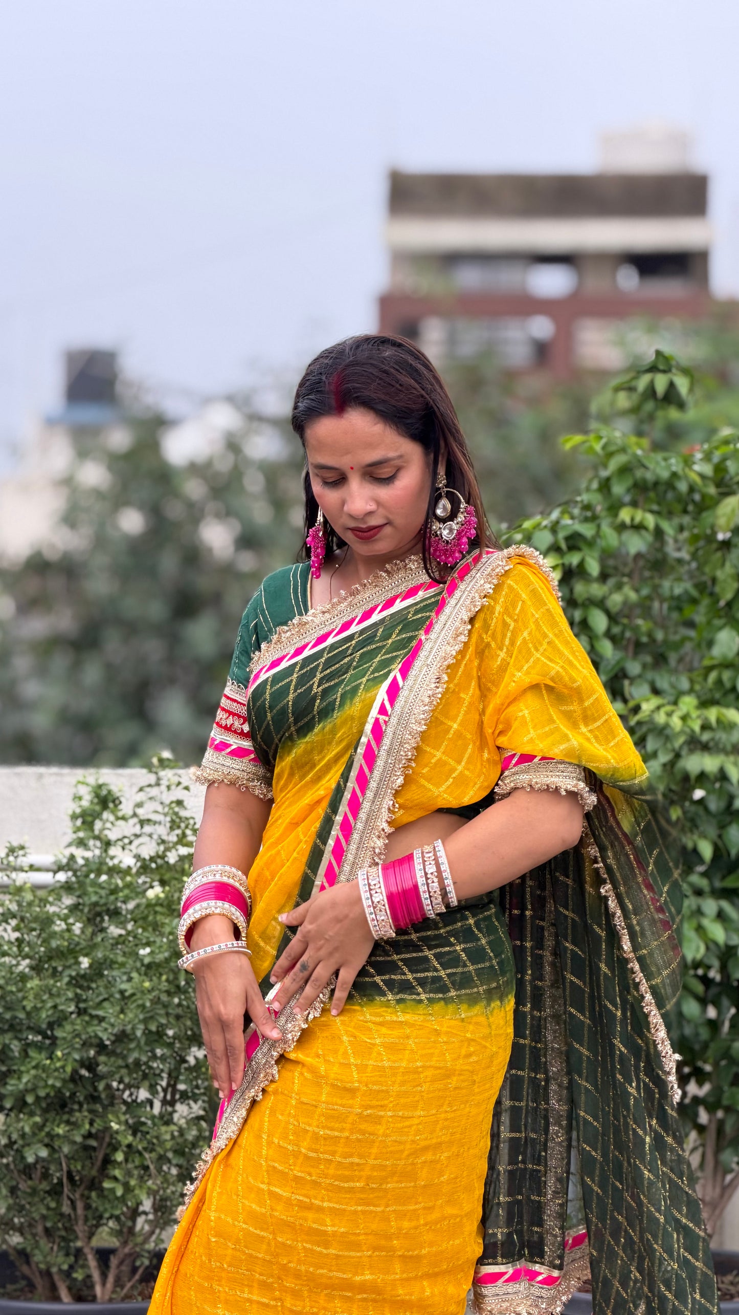 Pure Viscose Yellow - Green Colour Ghatchola Saree
