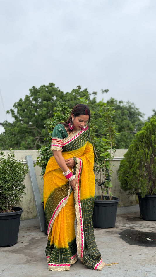 Pure Viscose Yellow - Green Colour Ghatchola Saree