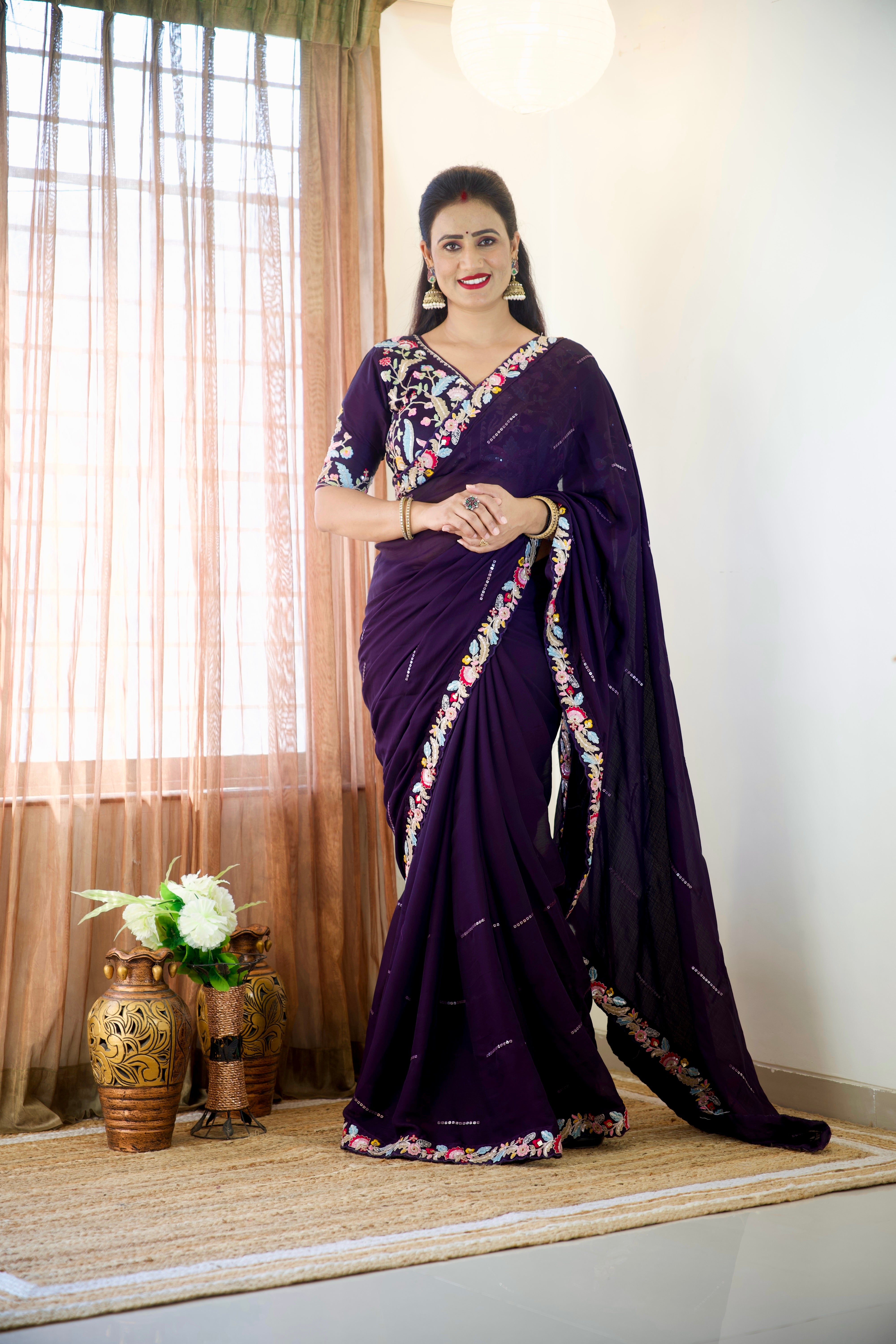 Pure Blooming Natural Chiffon Wine Wholesale Fancy Sarees