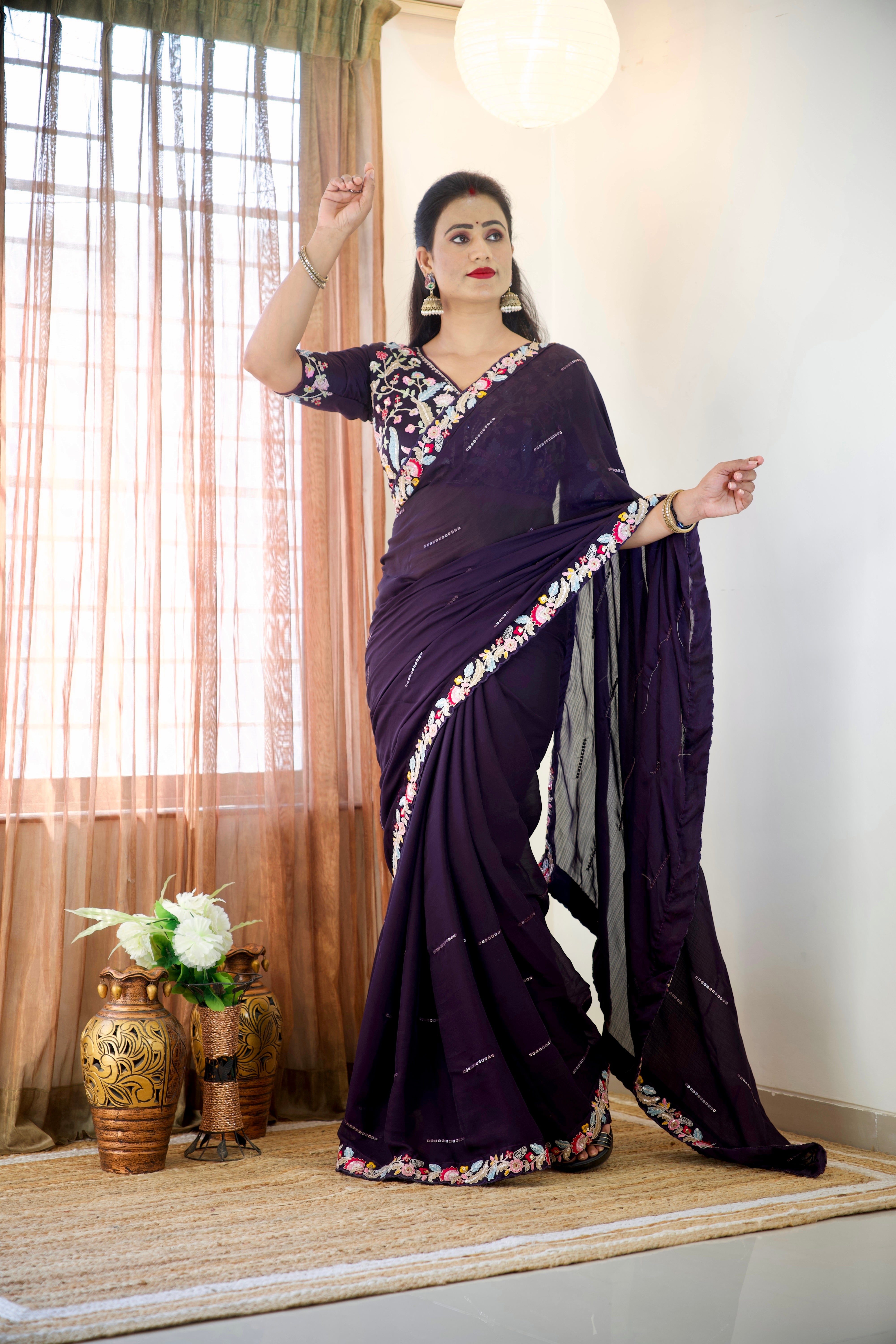 Pure Blooming Natural Chiffon Wine Wholesale Fancy Sarees