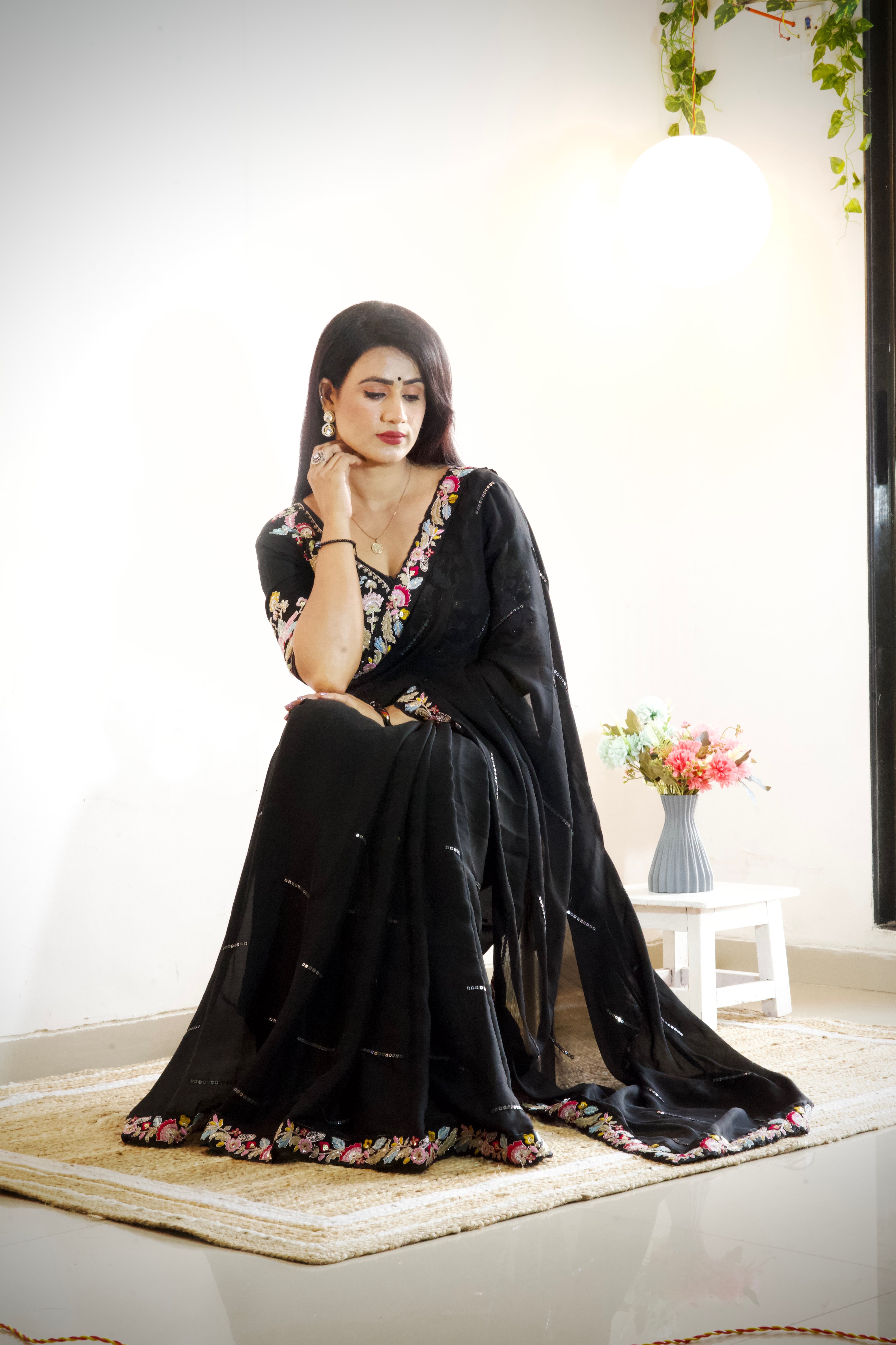 Pure Blooming Natural Chiffon Black Wholesale Fancy Sarees