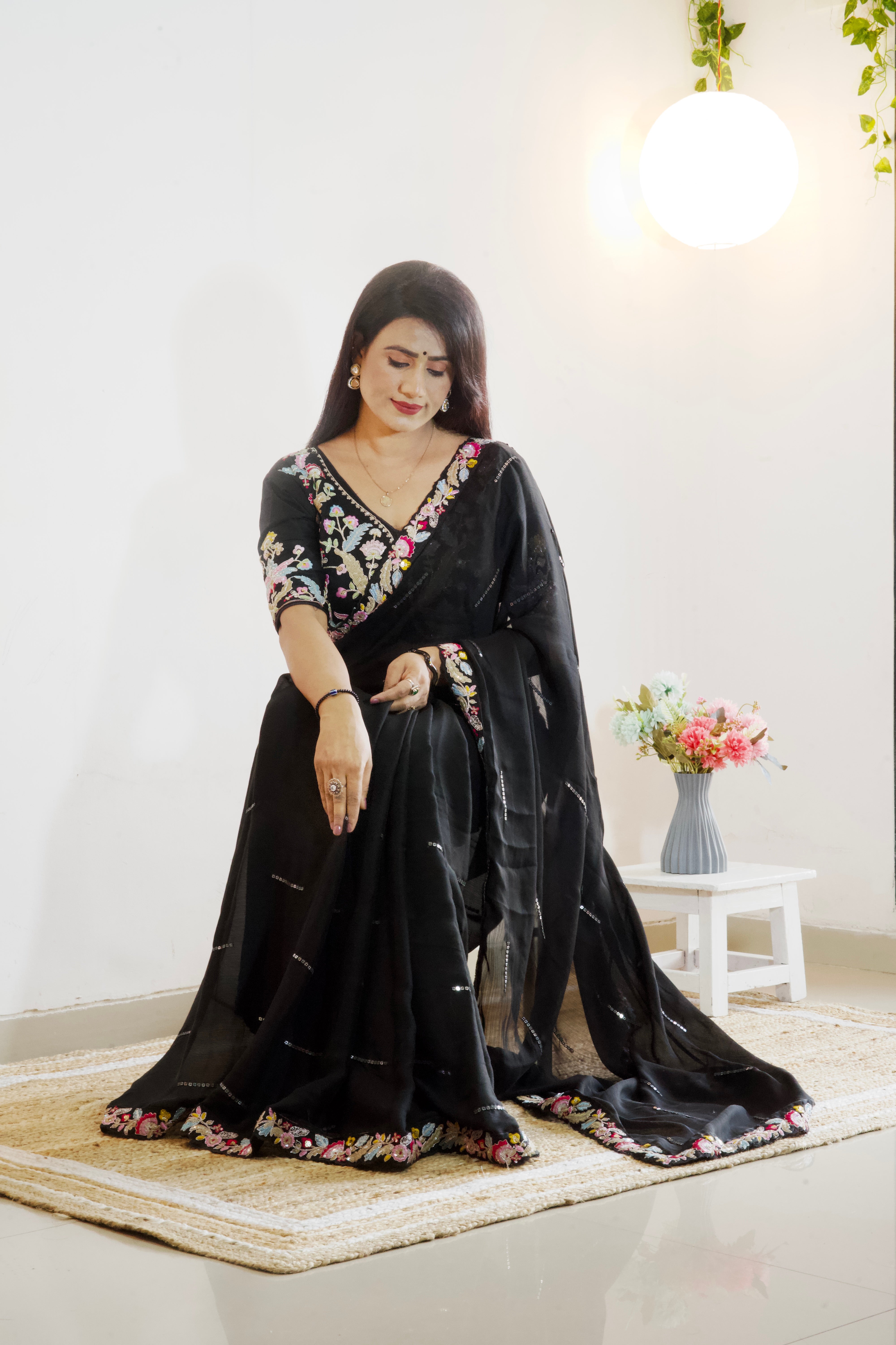 Pure Blooming Natural Chiffon Black Wholesale Fancy Sarees