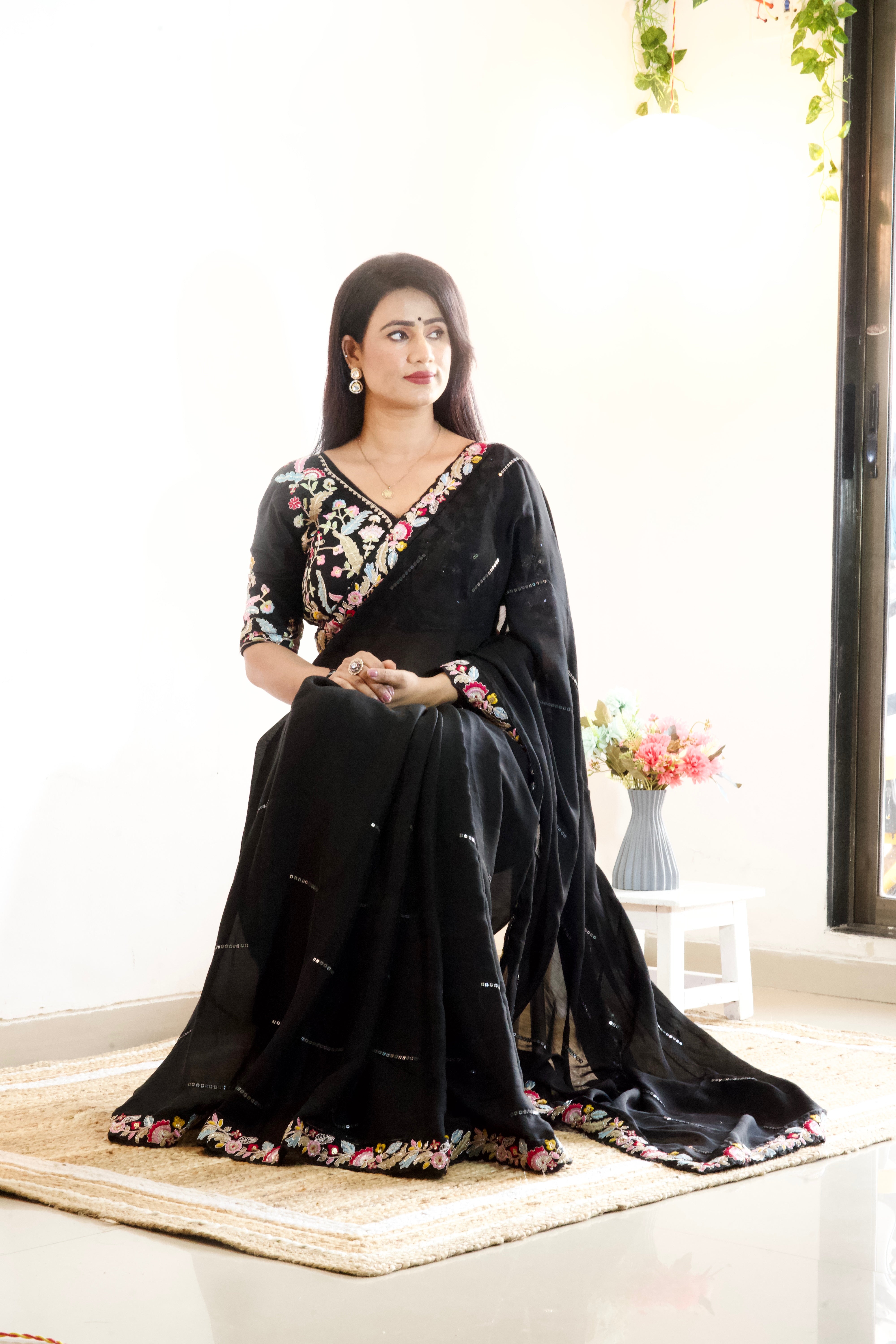 Pure Blooming Natural Chiffon Black Wholesale Fancy Sarees