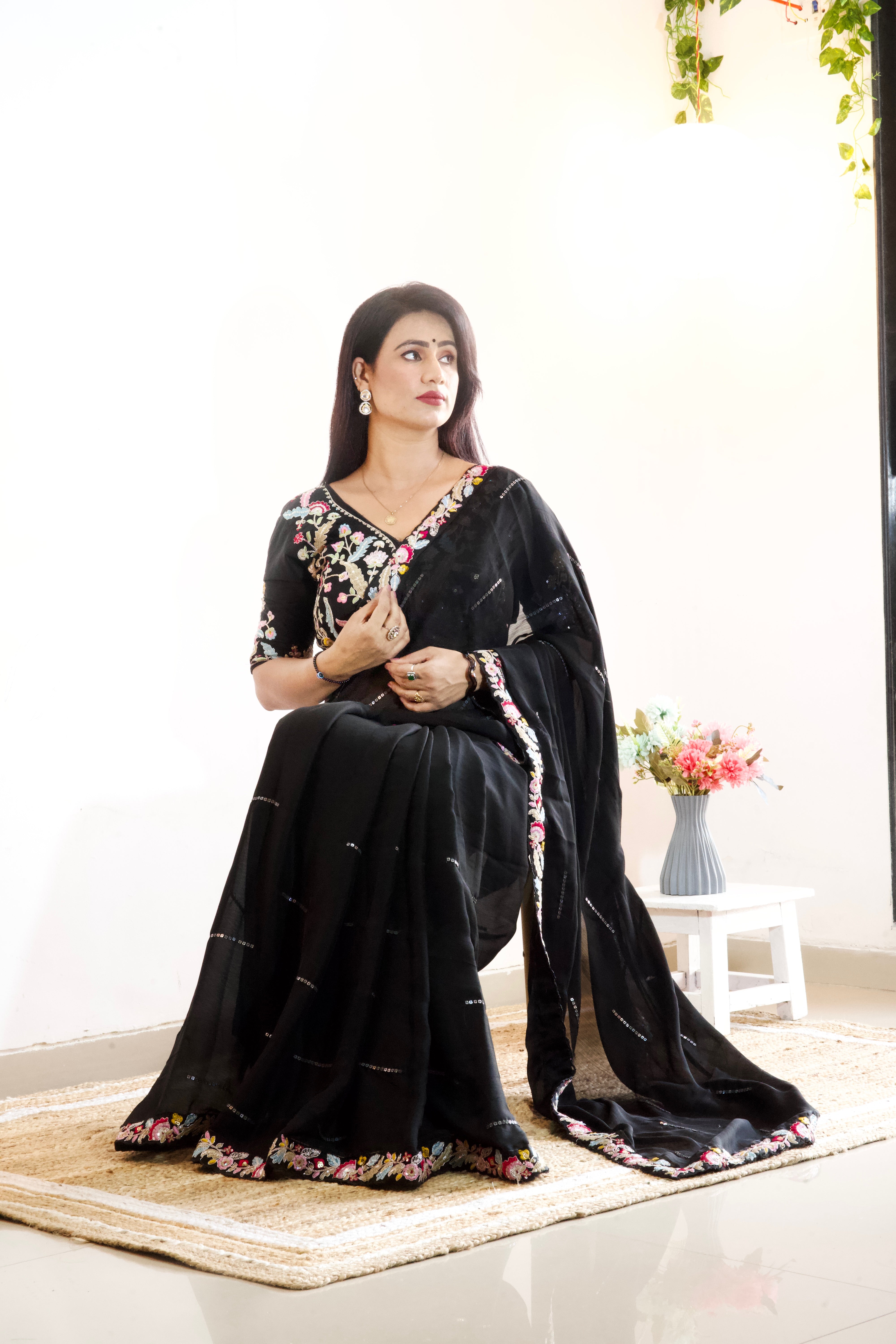 Pure Blooming Natural Chiffon Black Wholesale Fancy Sarees