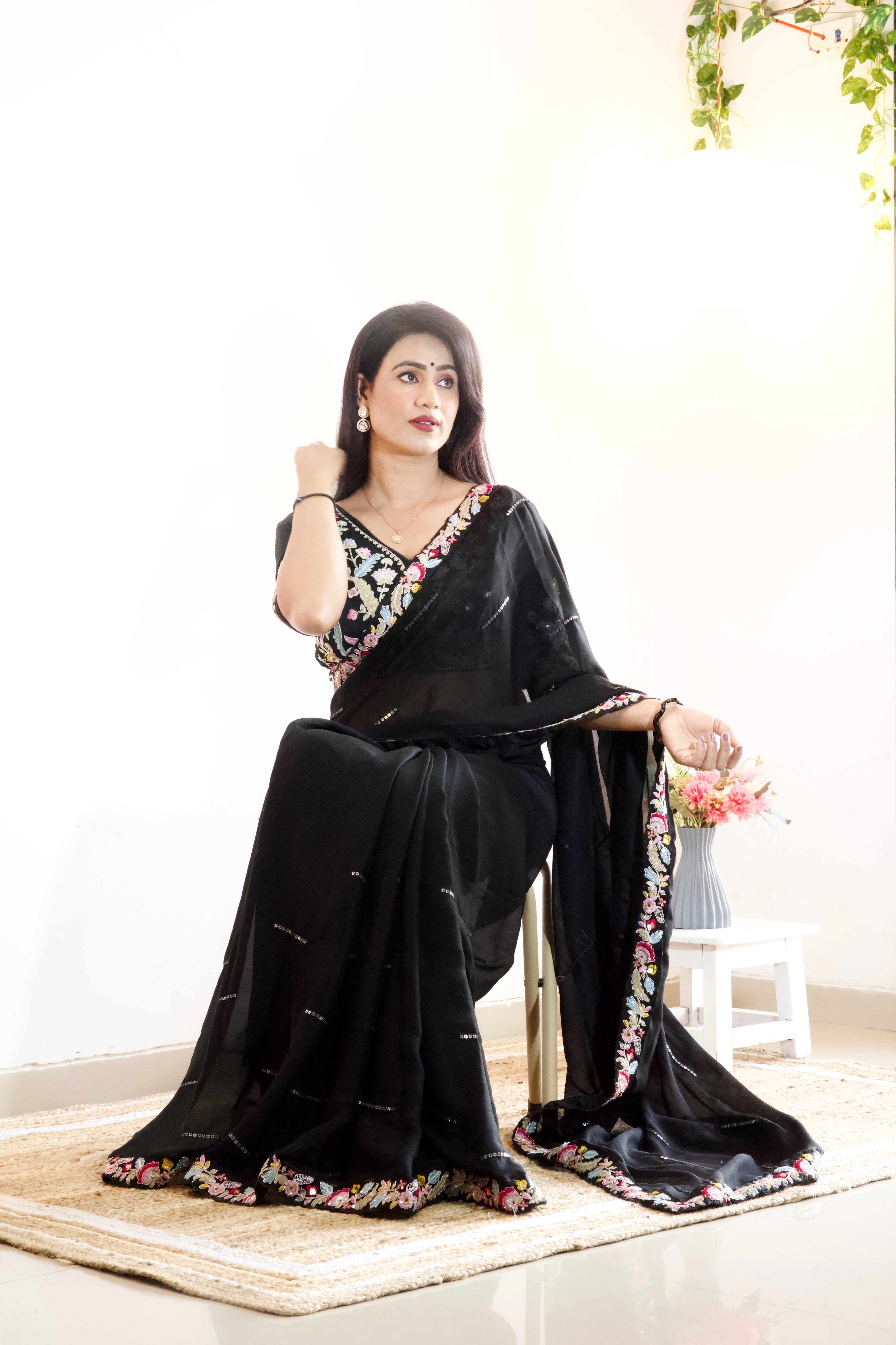 Pure Blooming Natural Chiffon Black Wholesale Fancy Sarees