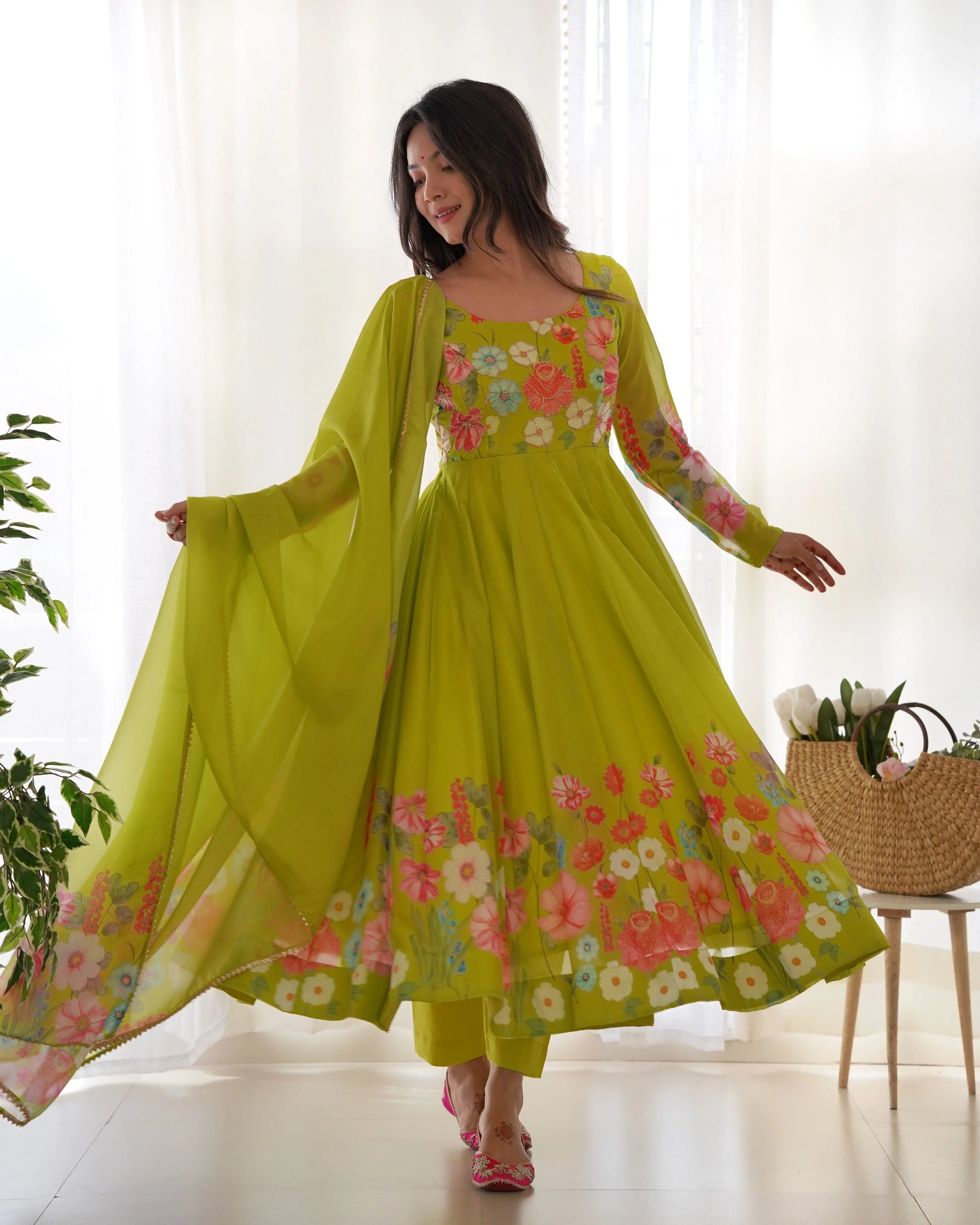 parrot green colour dresses Parrot Green Color Faux Georgette Designer Anarkali Gown With Dupatta TANHAI