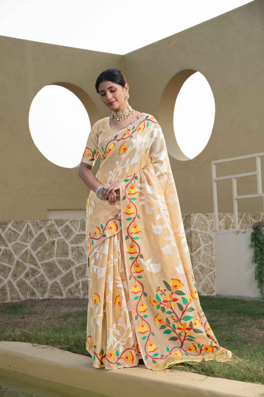 बेज रंग जामदानी सॉफ्ट कॉटन साड़ी अनस्टिच्ड ब्लाउज पीस के साथ