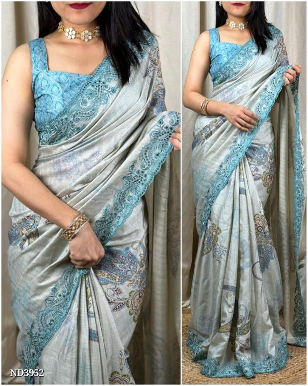 विस्का स्लब सिल्क डिजिटल प्रिंट धागे के साथ, कट वर्क और बोअरिंग पैटर्न के साथ कढ़ाई का काम।
 ब्लाउज- डिजिटल प्रिंट.