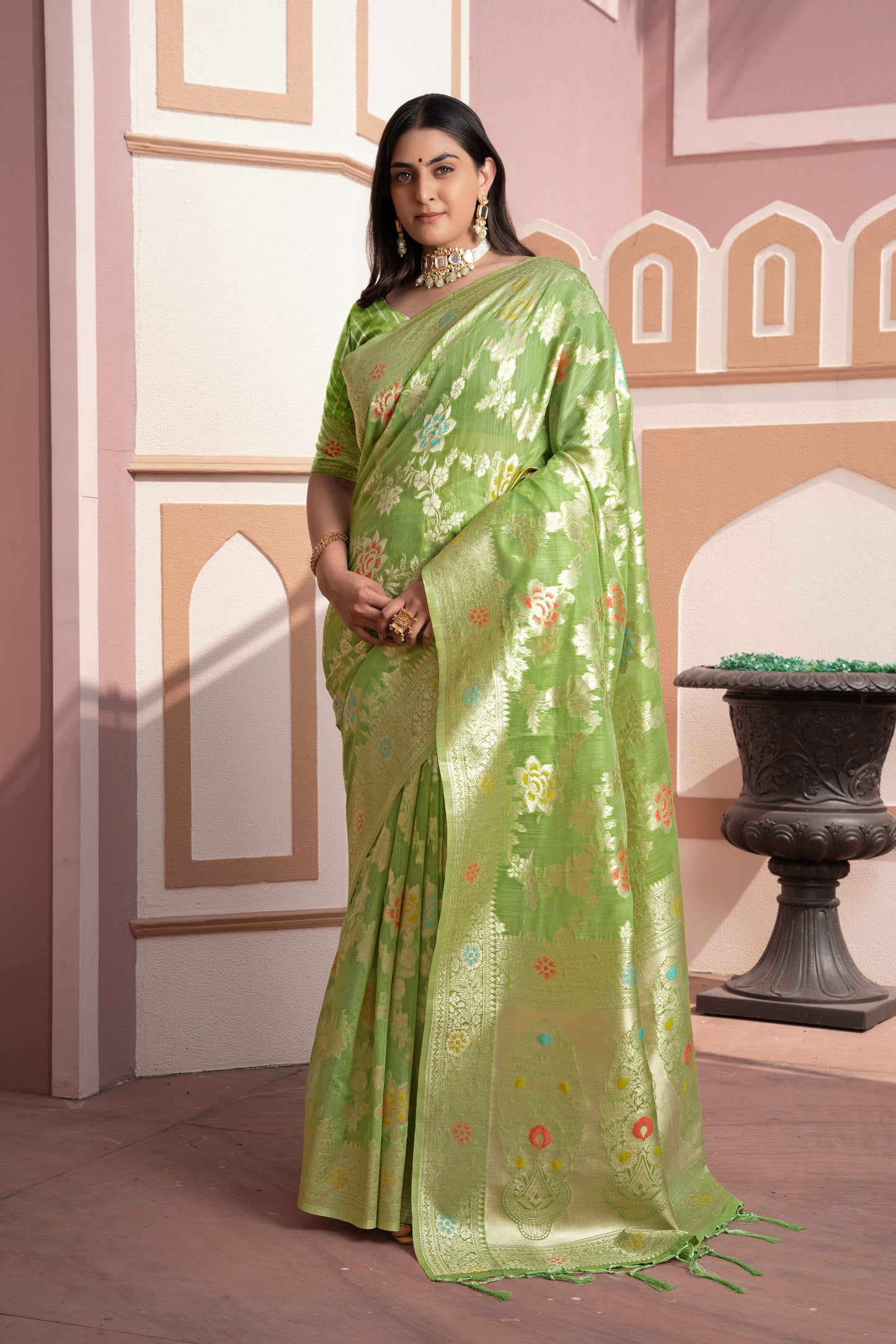 Green Color Cotton Silk Saree With Beautiful Zari Woven Work