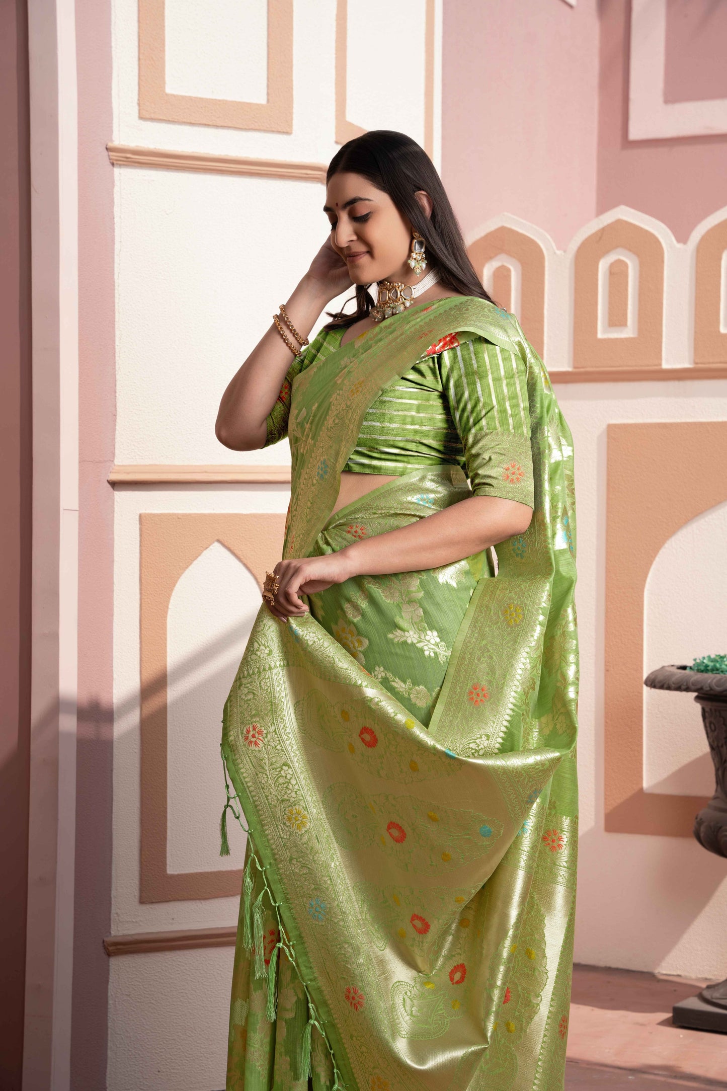 Green Color Cotton Silk Saree With Beautiful Zari Woven Work