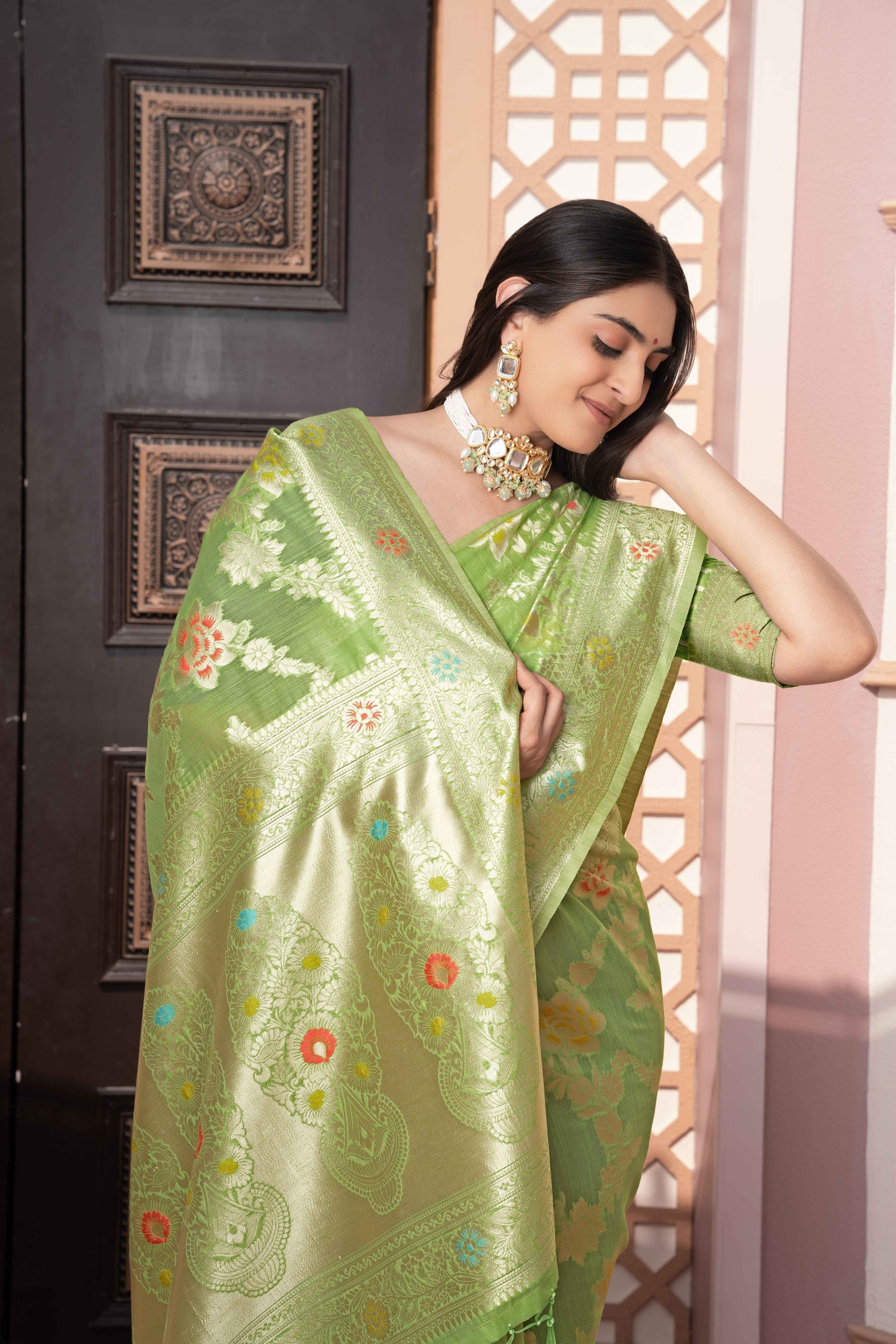 Green Color Cotton Silk Saree With Beautiful Zari Woven Work