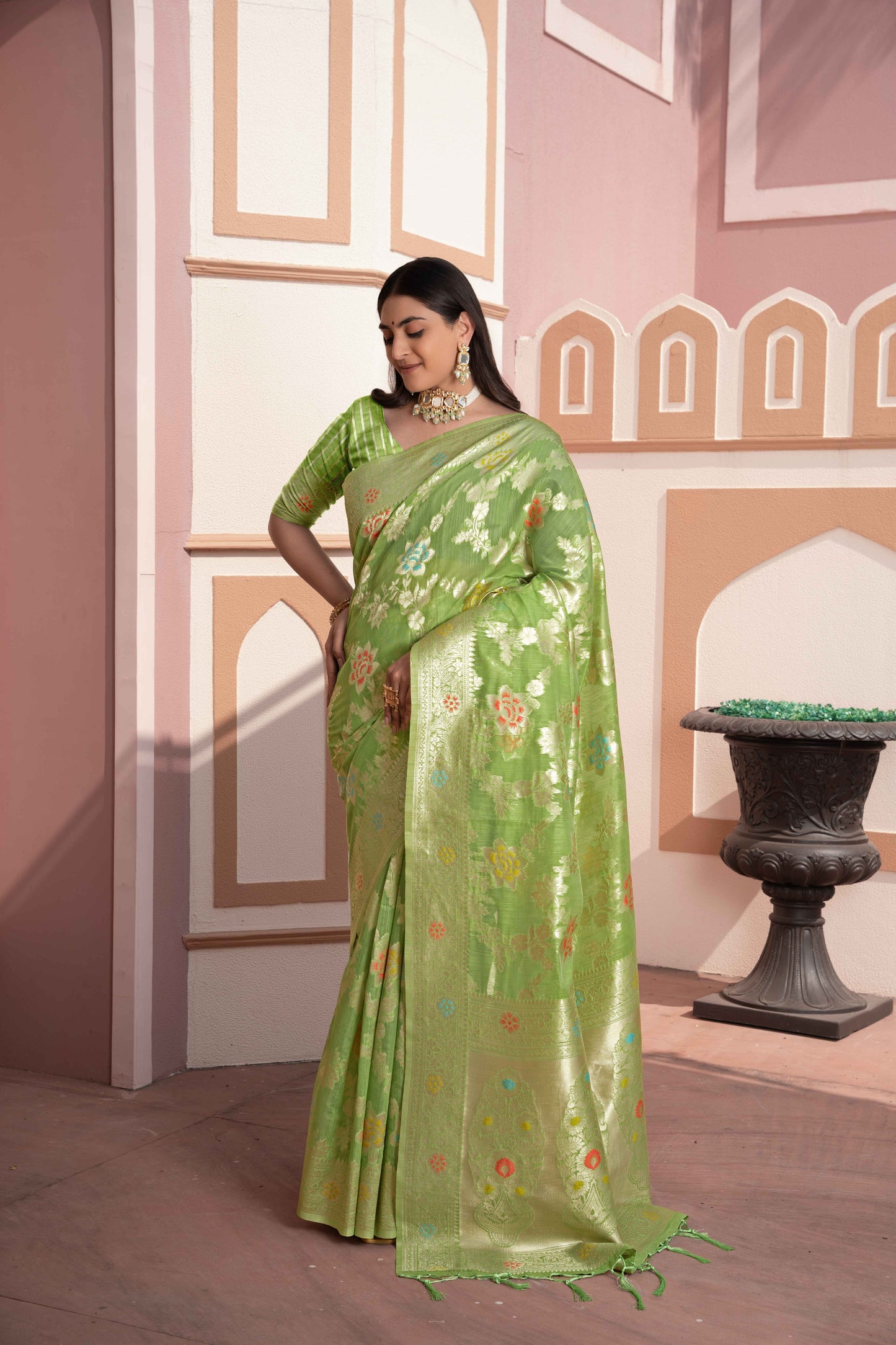 Green Color Cotton Silk Saree With Beautiful Zari Woven Work