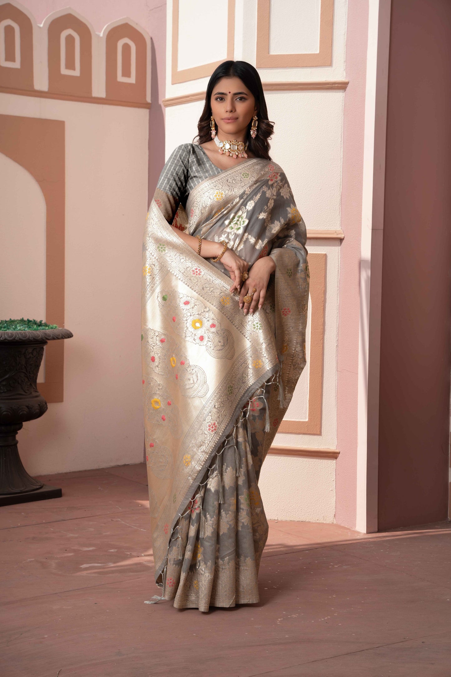 Gray Color Cotton Silk Saree With Beautiful Zari Woven Work