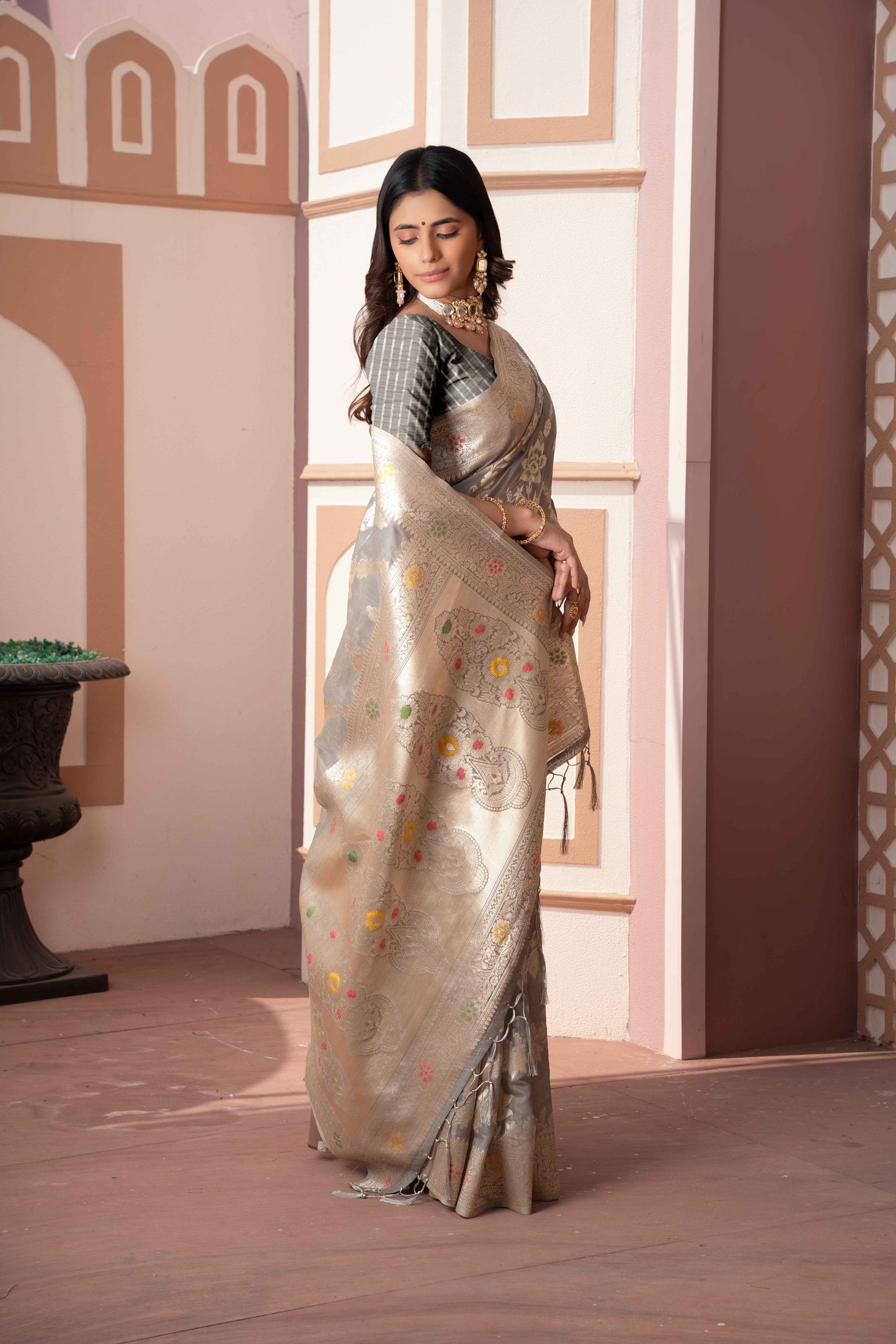 Gray Color Cotton Silk Saree With Beautiful Zari Woven Work