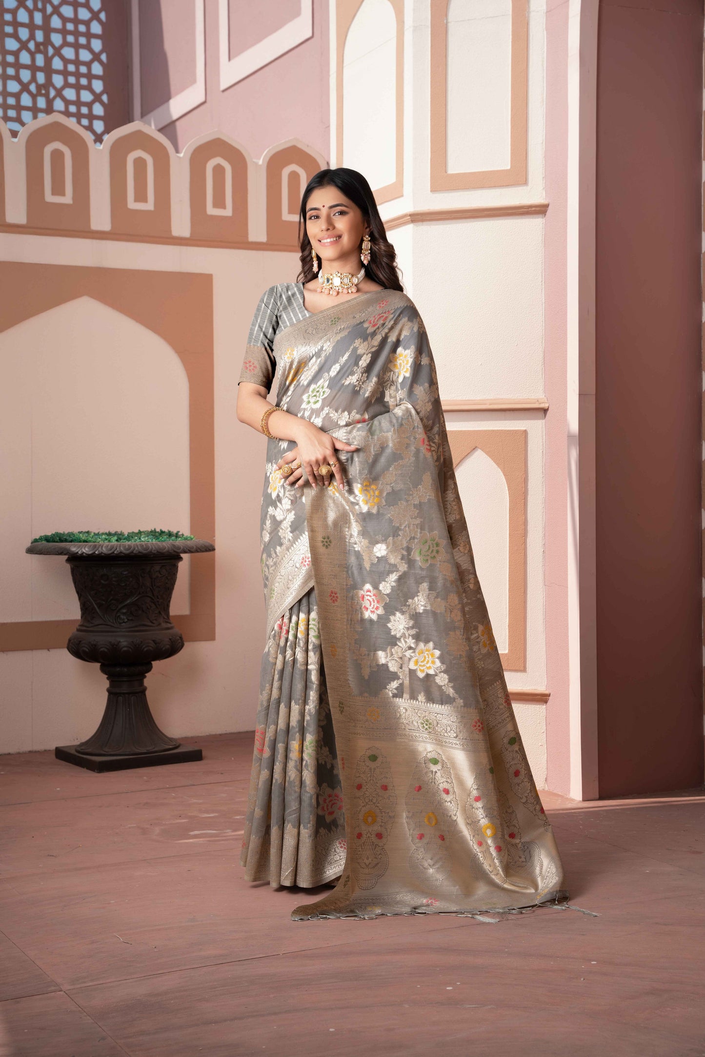 Gray Color Cotton Silk Saree With Beautiful Zari Woven Work