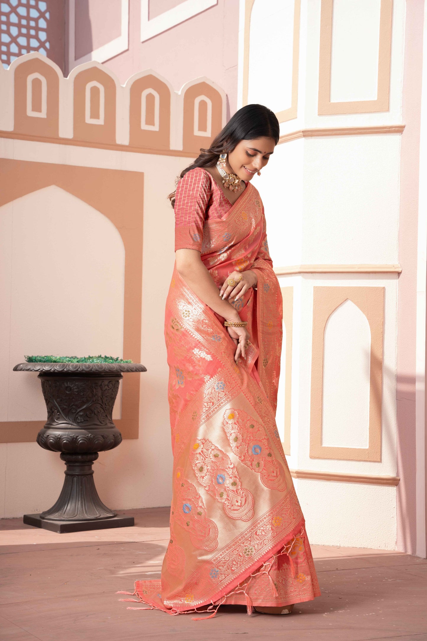 Peach Color Cotton Silk Saree With Beautiful Zari Woven Work