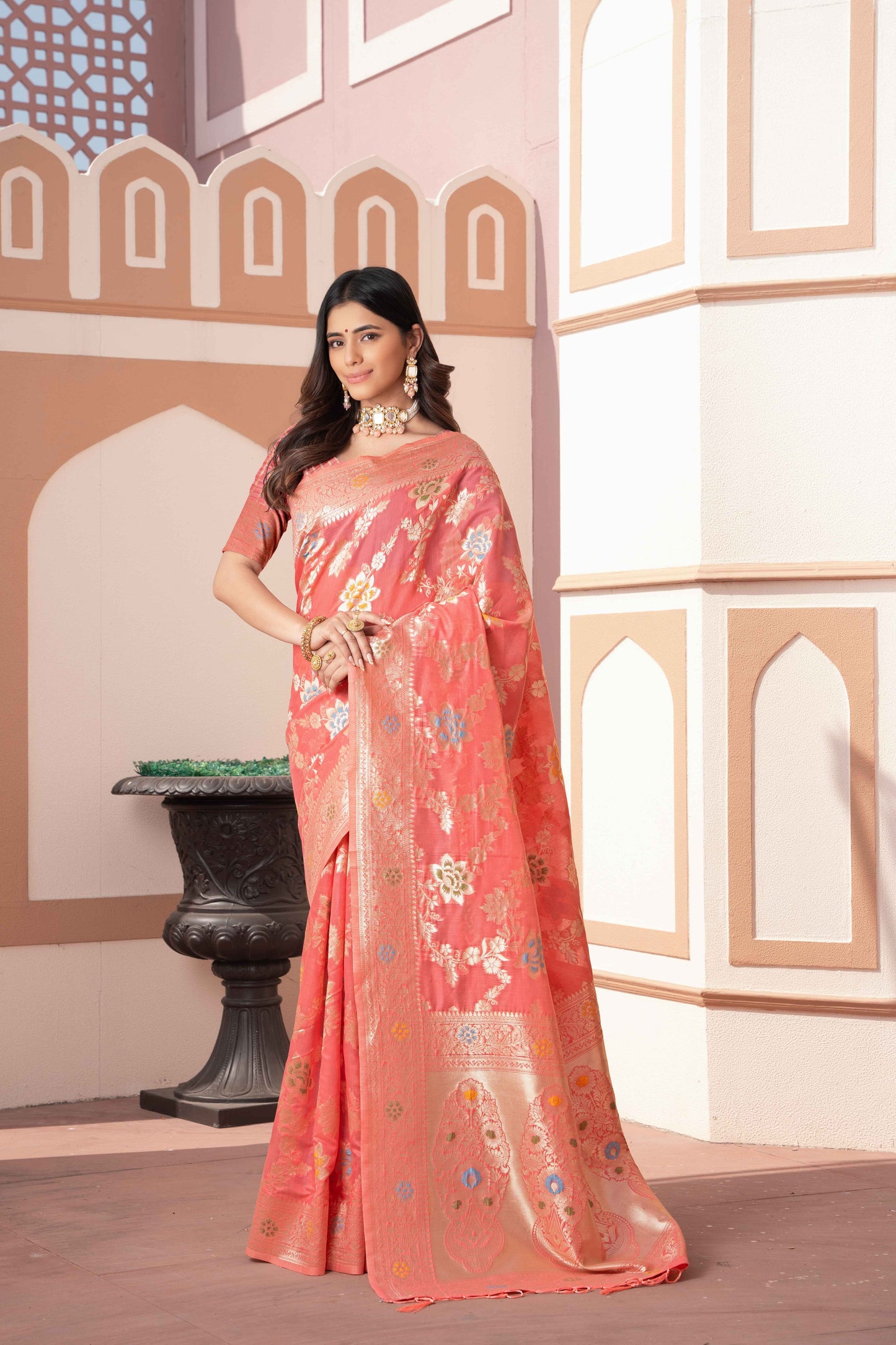 Peach Color Cotton Silk Saree With Beautiful Zari Woven Work