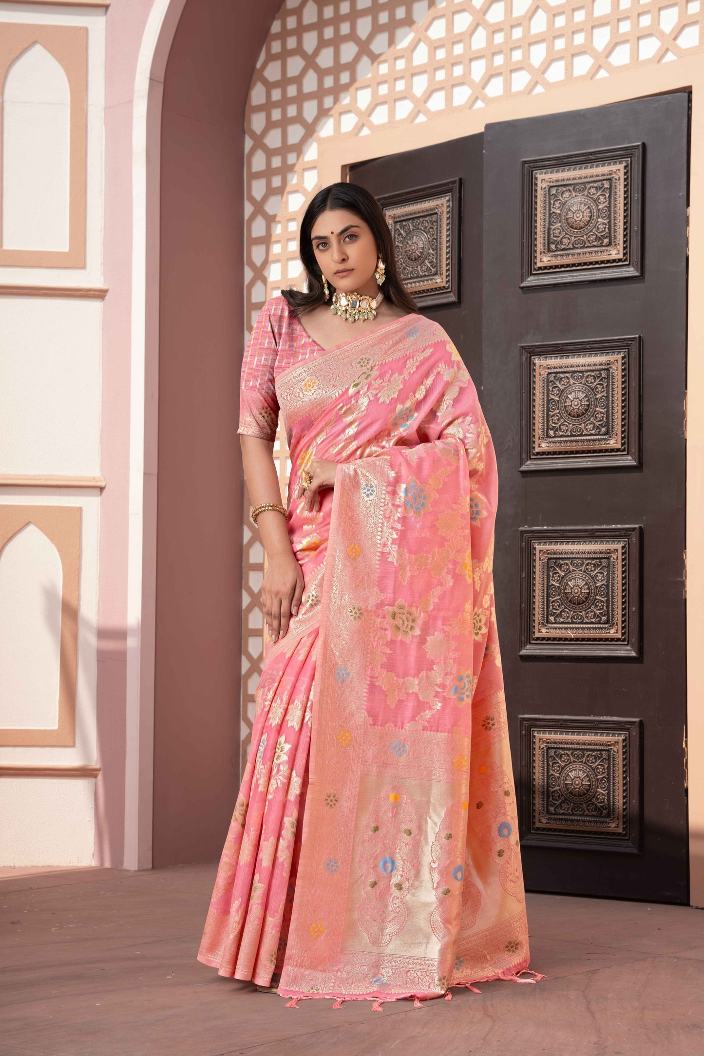 Pink Color Cotton Silk Saree With Beautiful Zari Woven Work