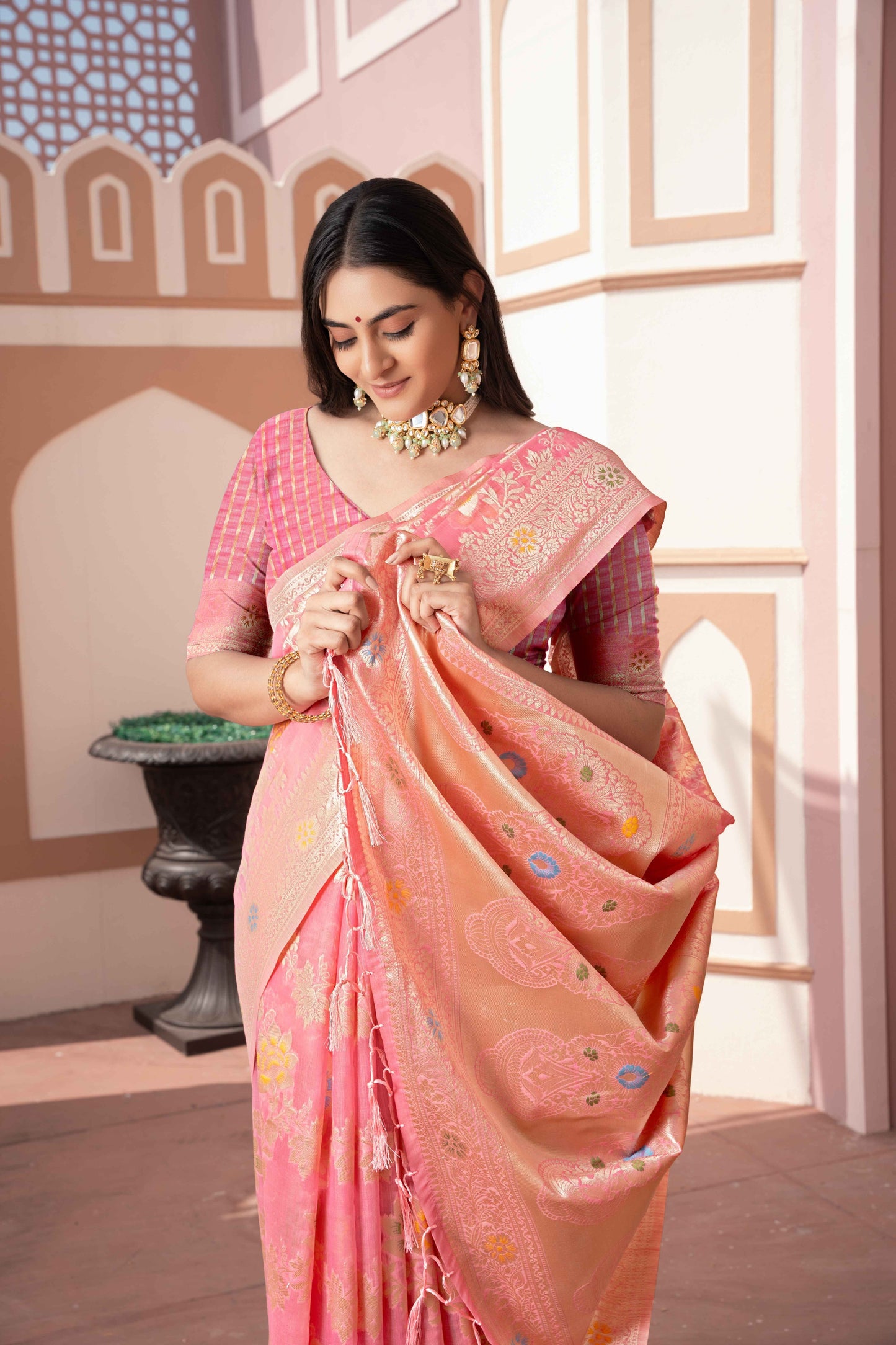 Pink Color Cotton Silk Saree With Beautiful Zari Woven Work