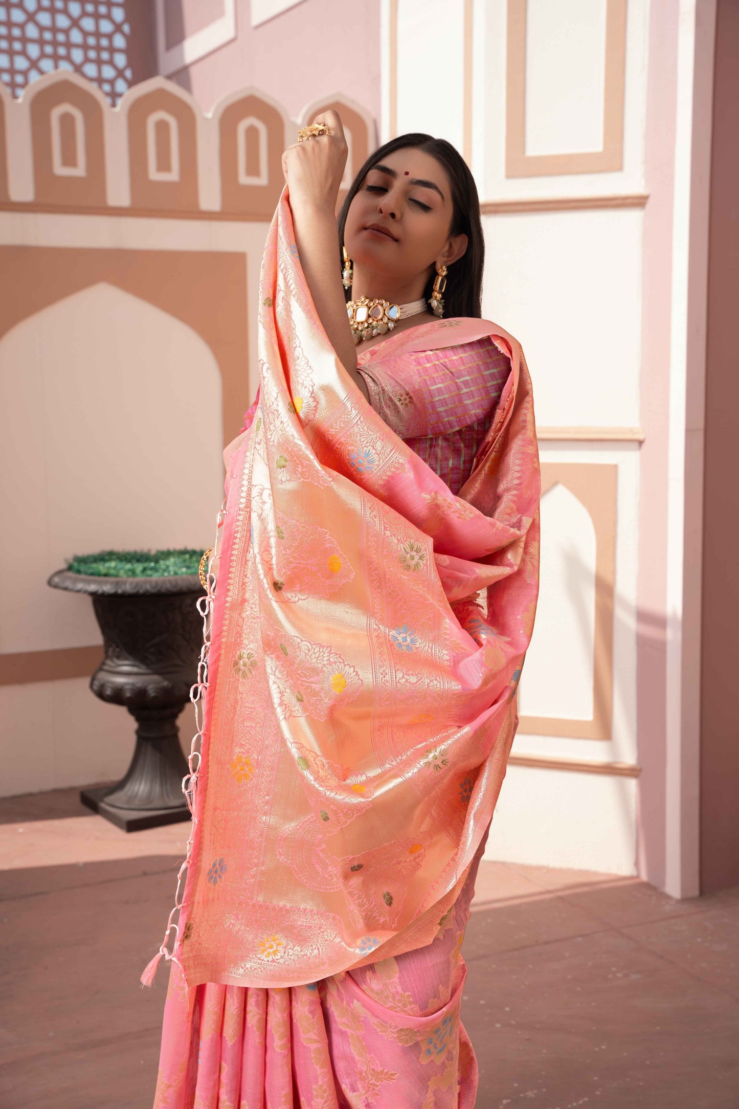 Pink Color Cotton Silk Saree With Beautiful Zari Woven Work
