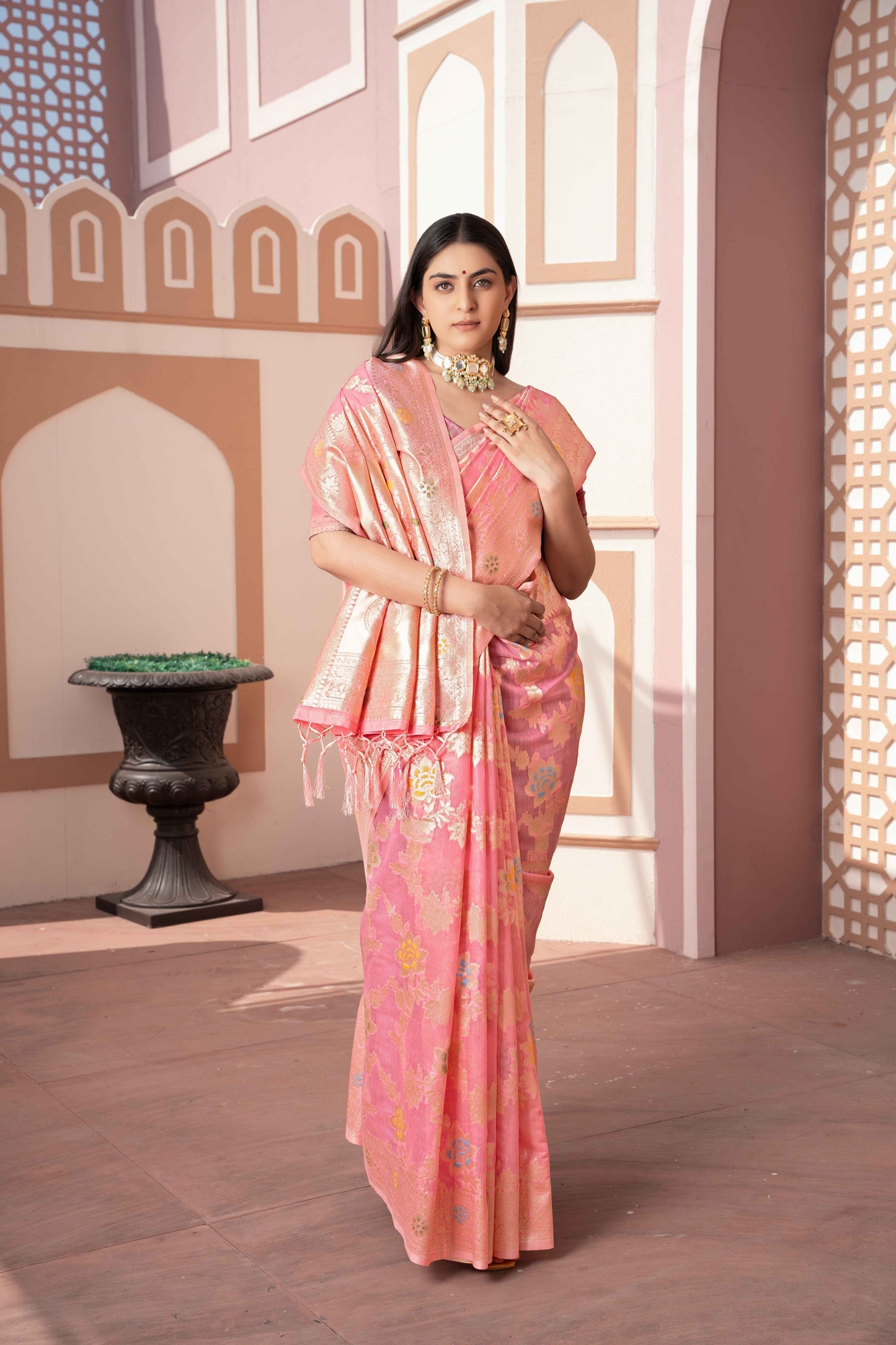 Pink Color Cotton Silk Saree With Beautiful Zari Woven Work